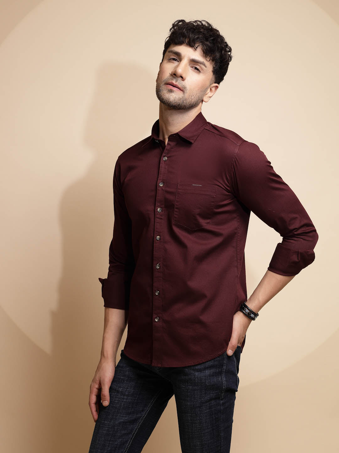 Wine Solid Full Sleeve Collar Neck Cotton Blend Shirt - Global Republic
