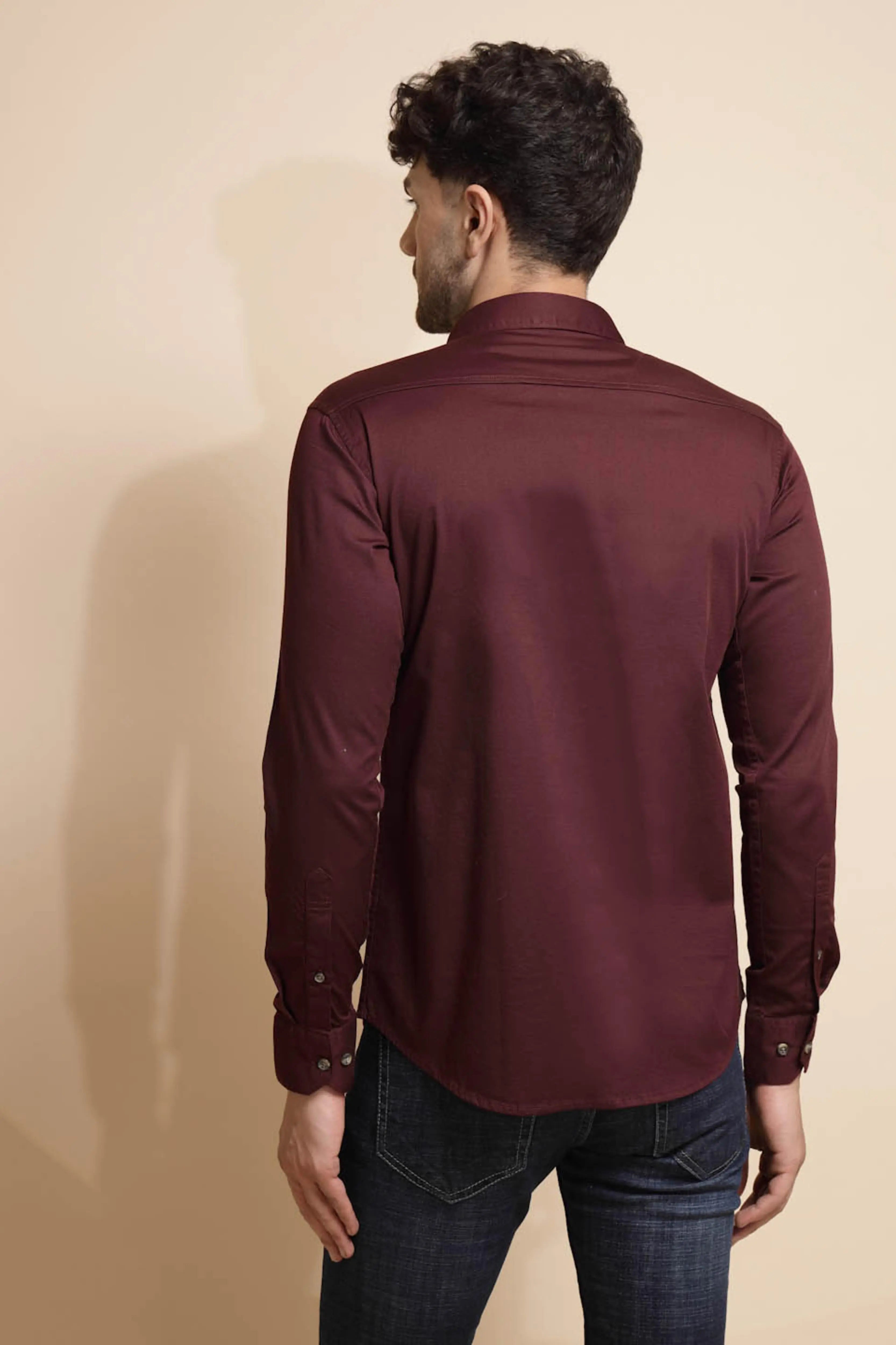Wine Solid Full Sleeve Collar Neck Cotton Blend Shirt - Global Republic
