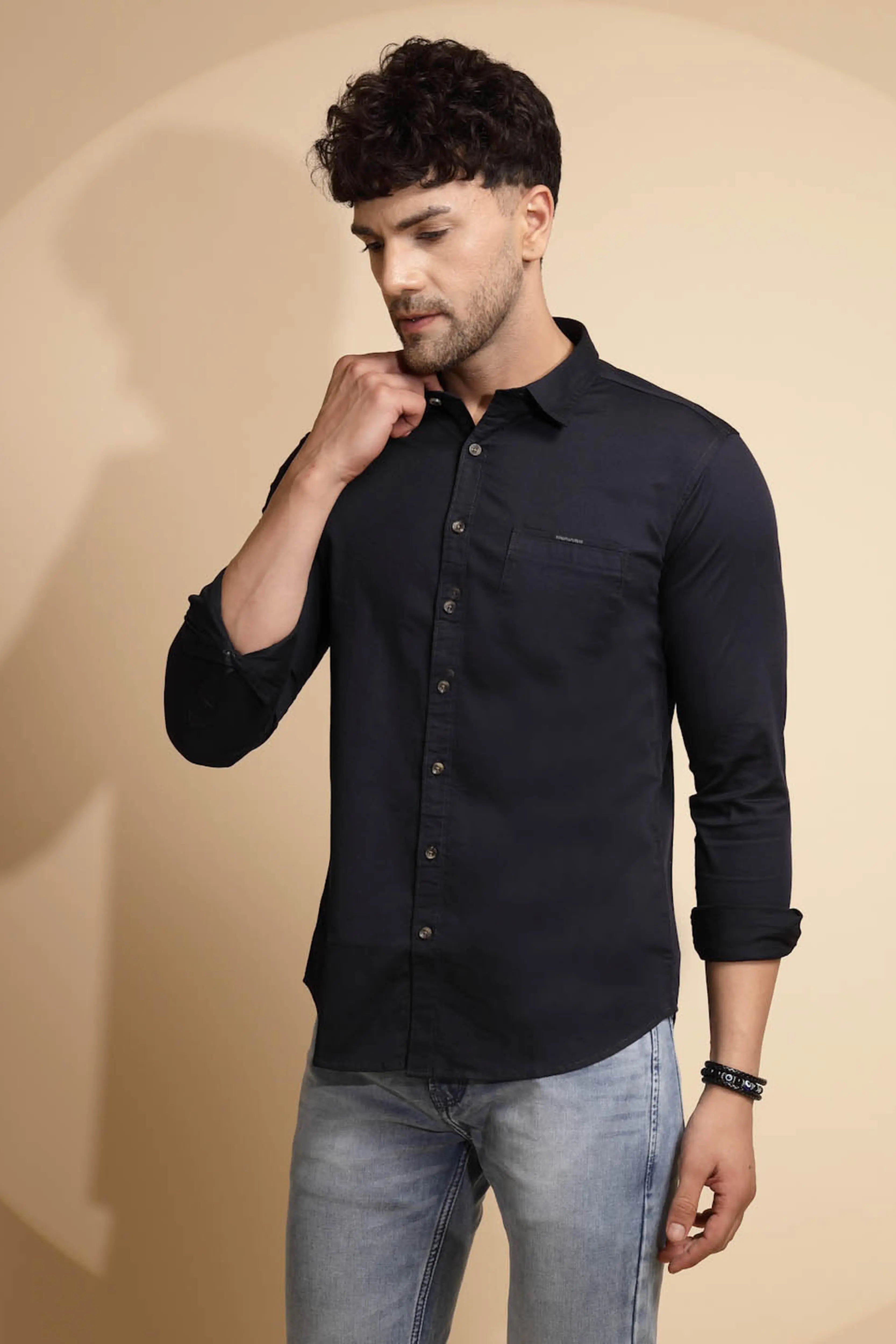 Blue Cotton Blend Solid Shirt - Global Republic