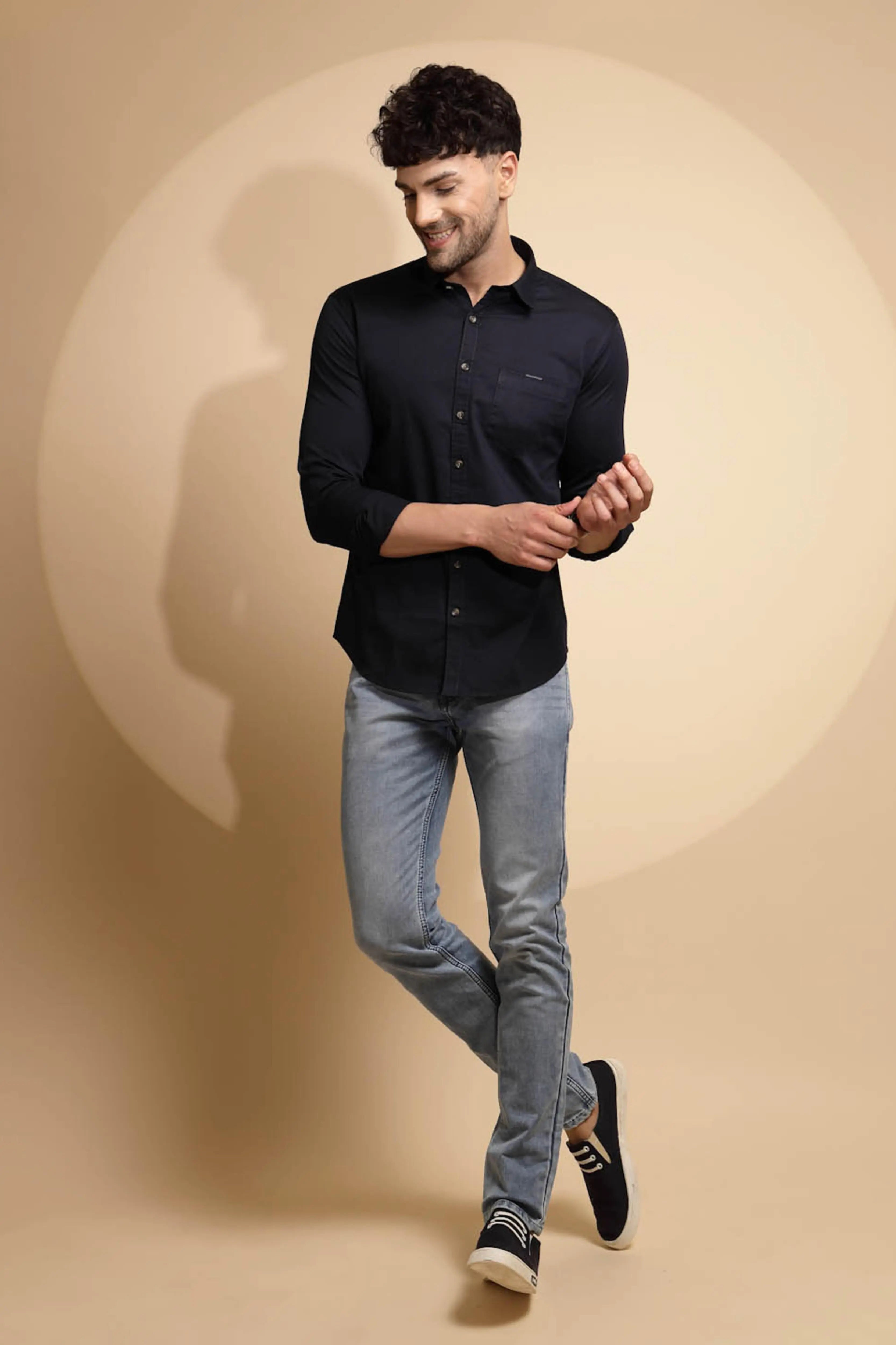 Blue Cotton Blend Solid Shirt