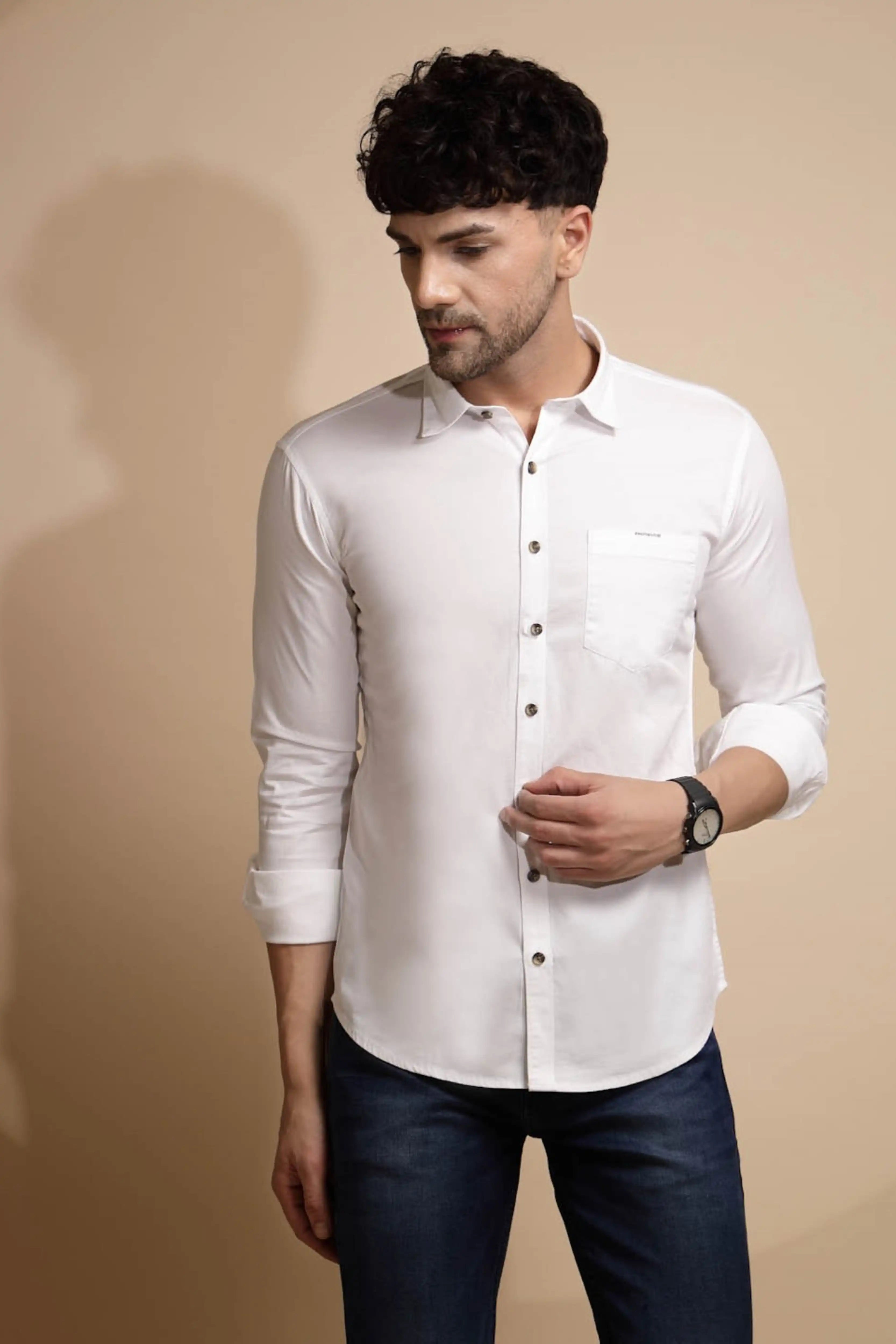 White Solid Cotton Blend Shirt