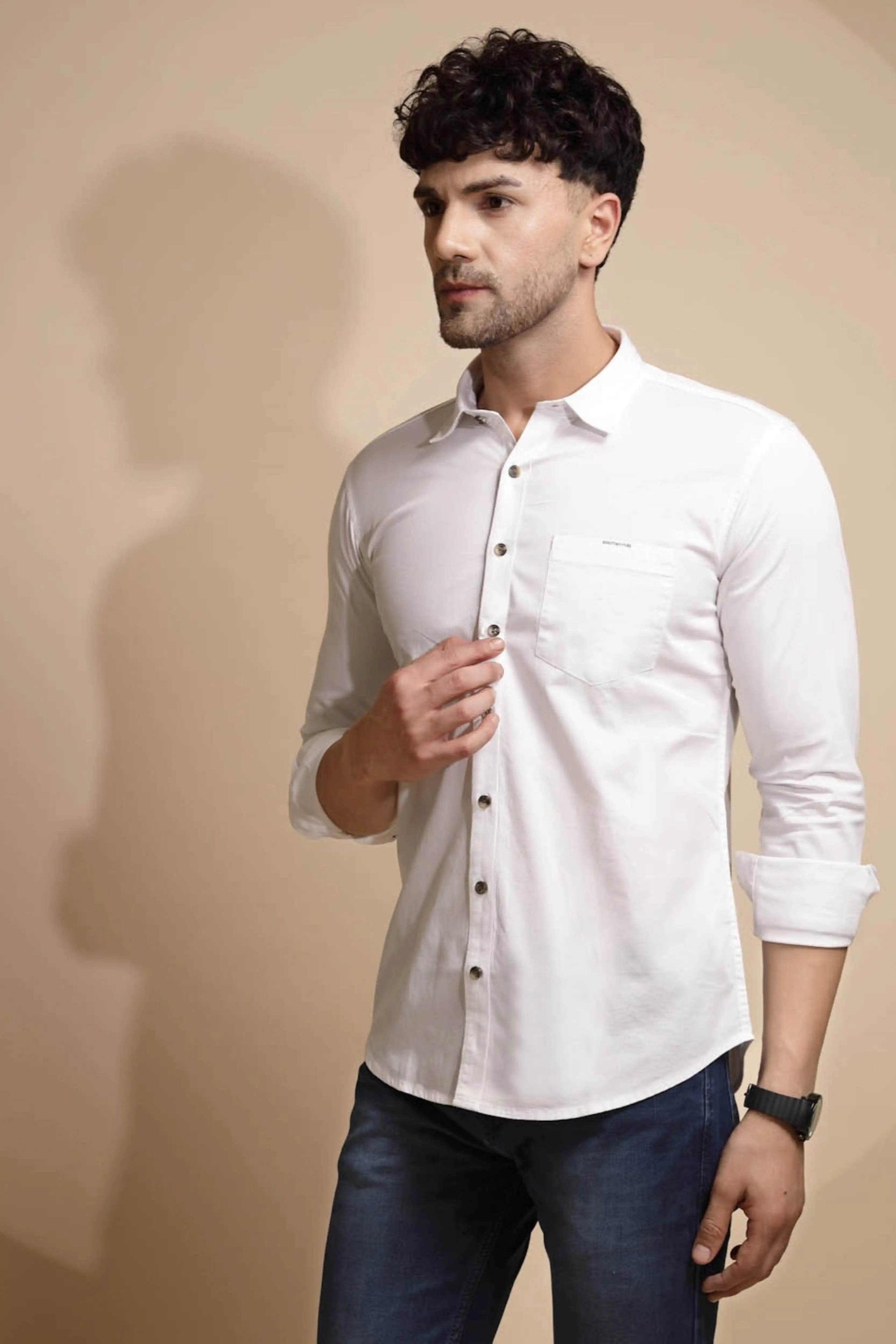 White Solid Cotton Blend Shirt