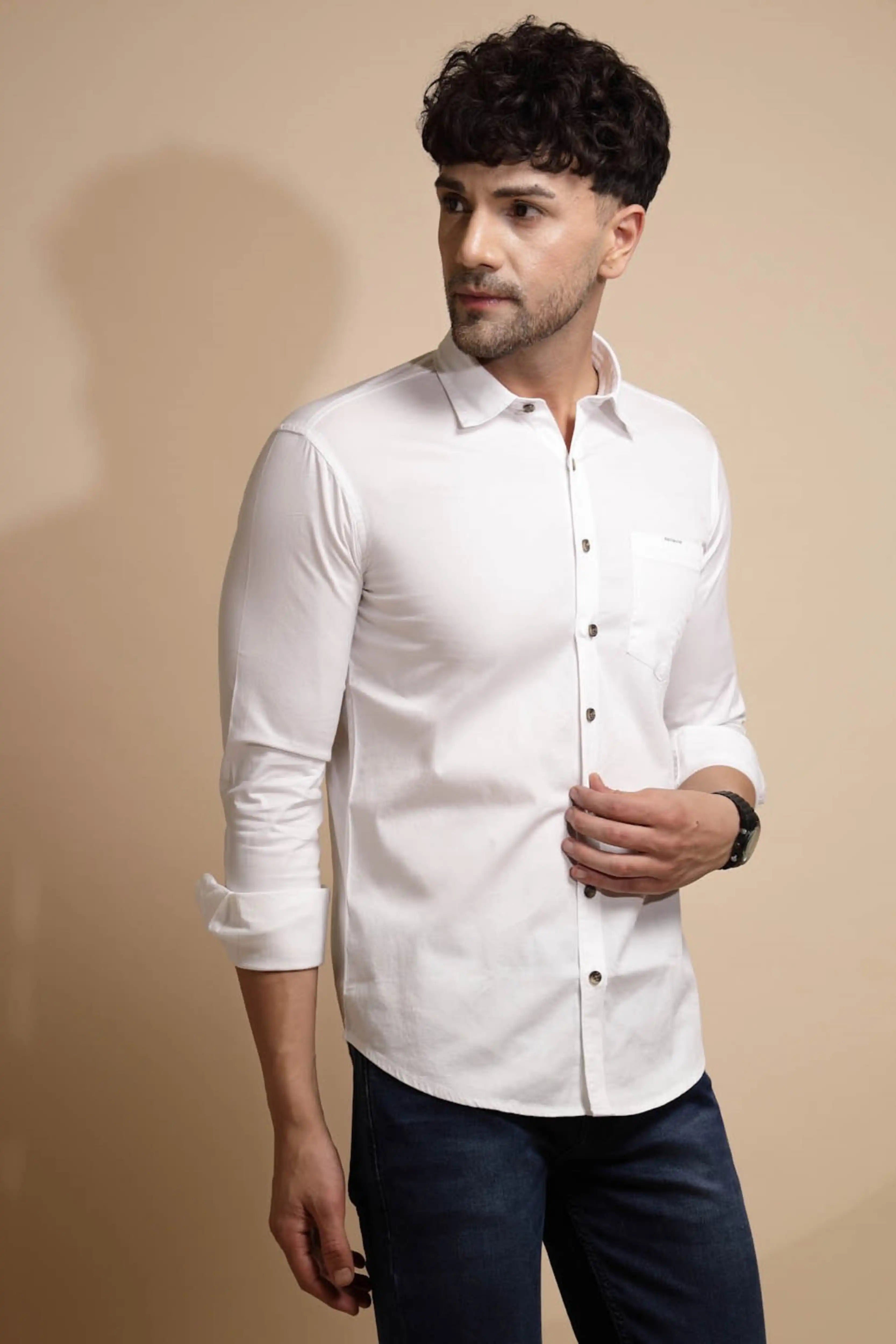 White Solid Cotton Blend Shirt