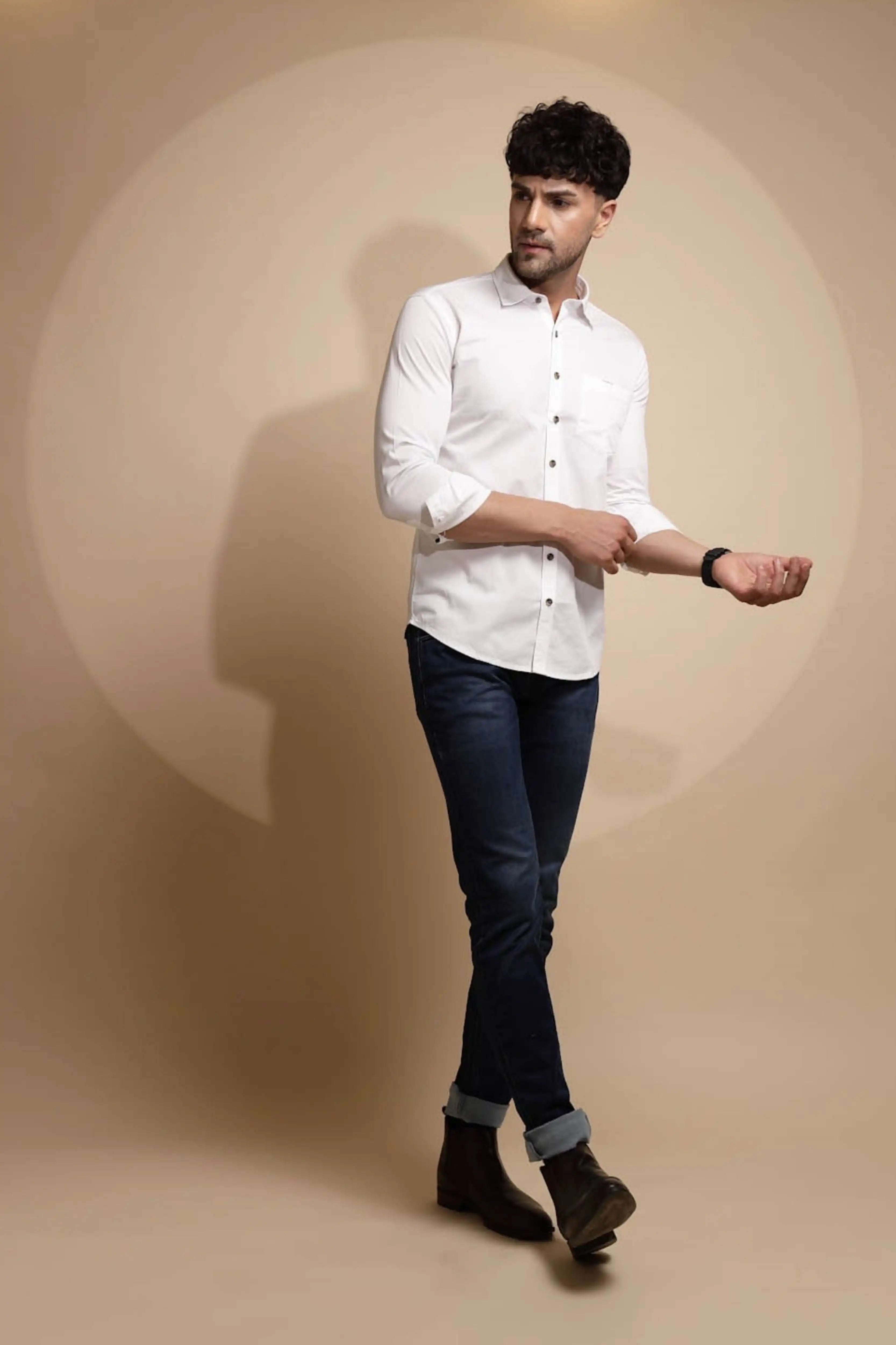 White Solid Cotton Blend Shirt