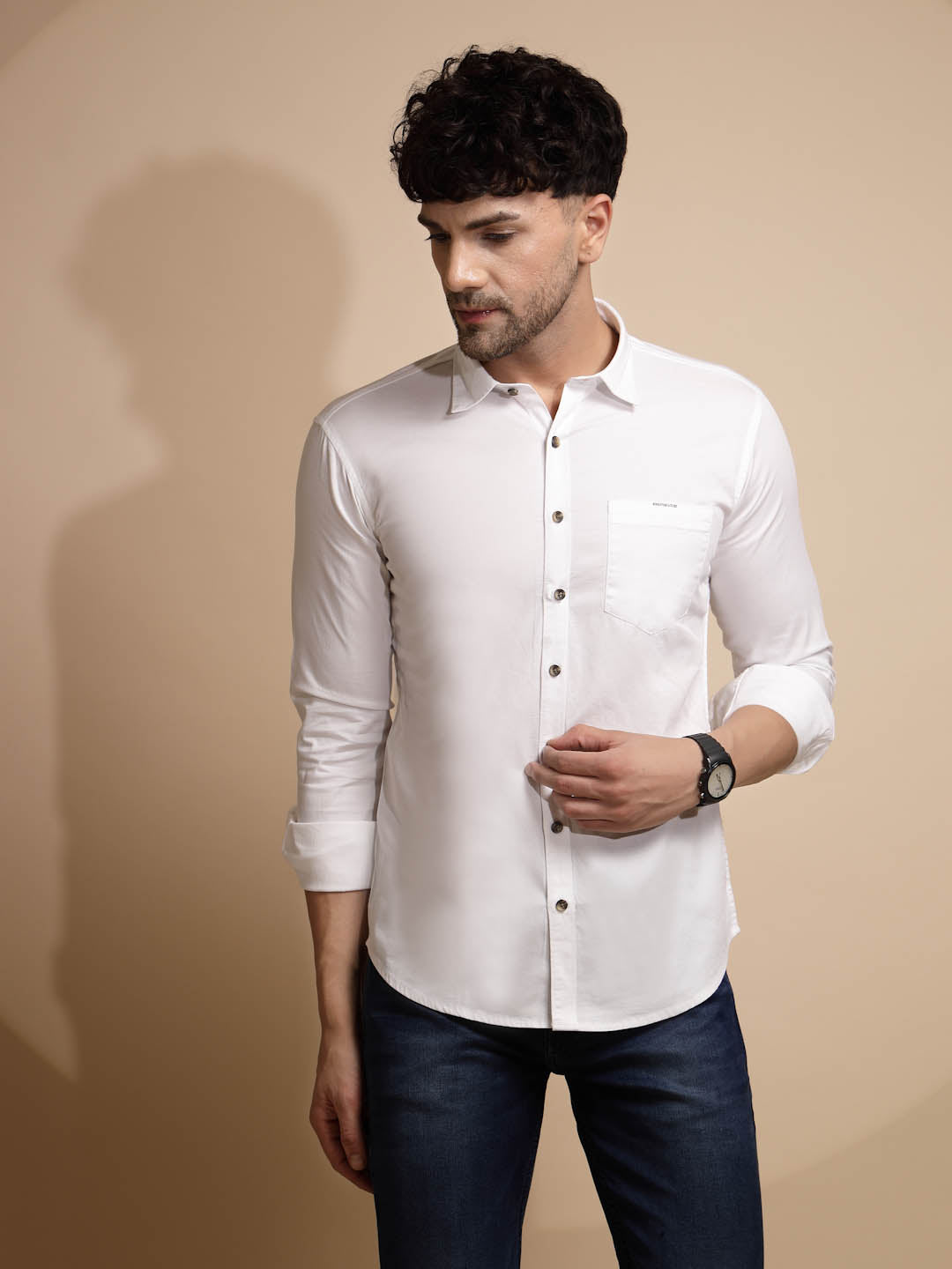 White Solid Cotton Blend Shirt - Global Republic