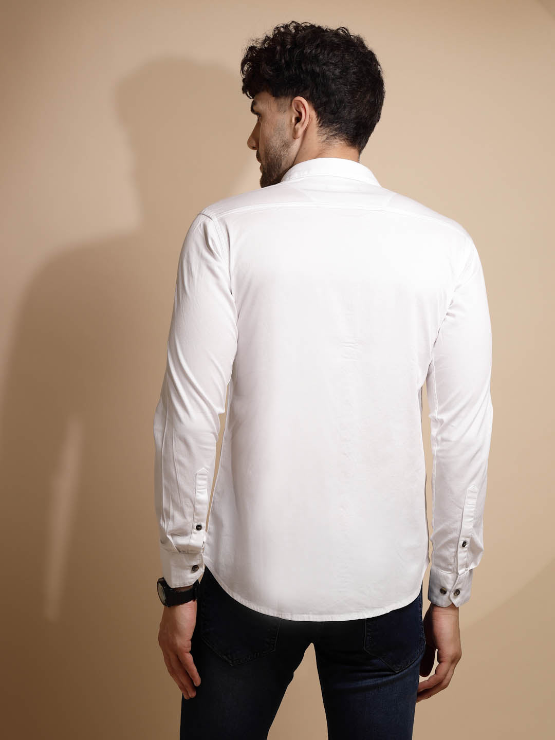 White Solid Cotton Blend Shirt - Global Republic