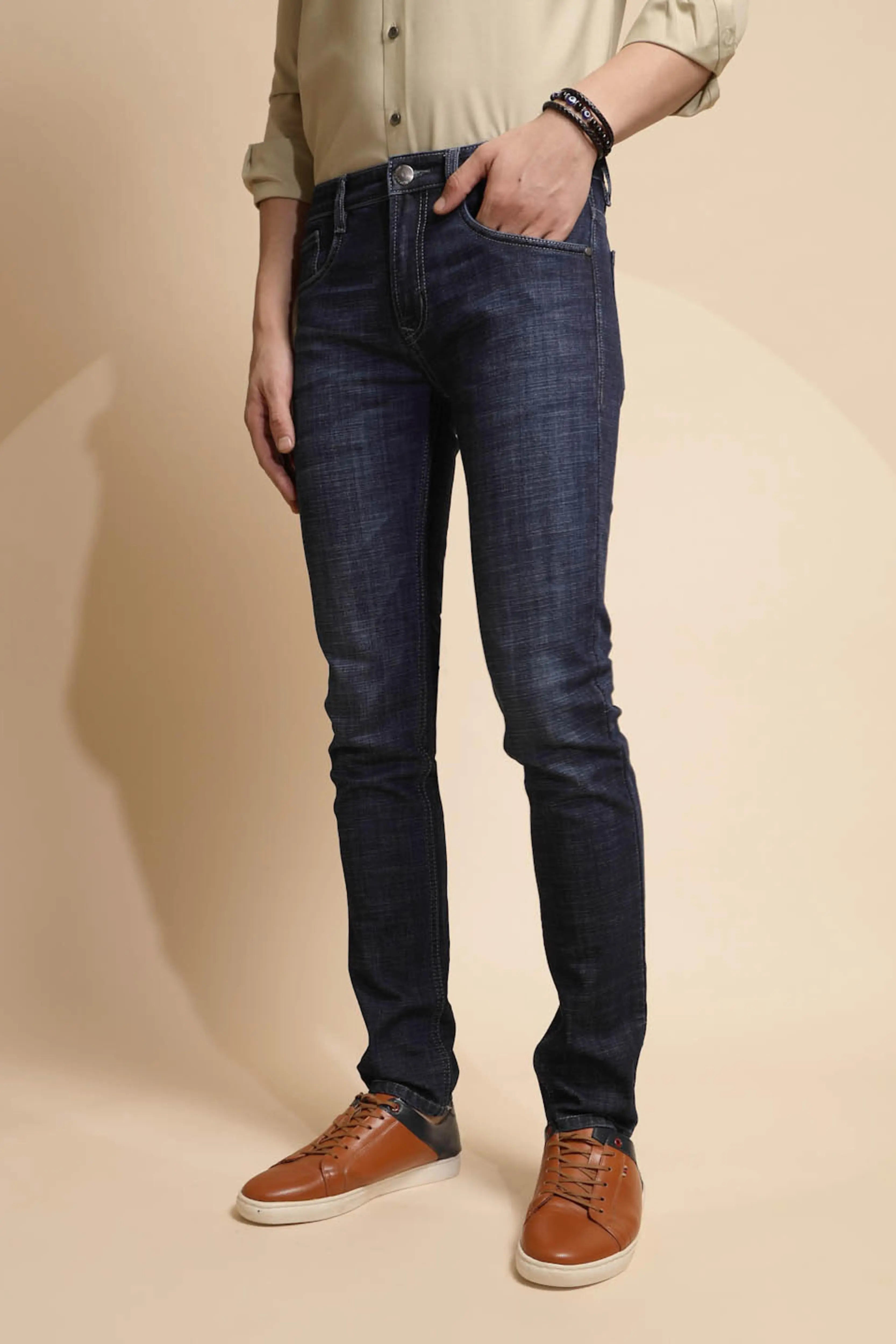 Dark Blue Solid Cotton Blend Jeans - Global Republic