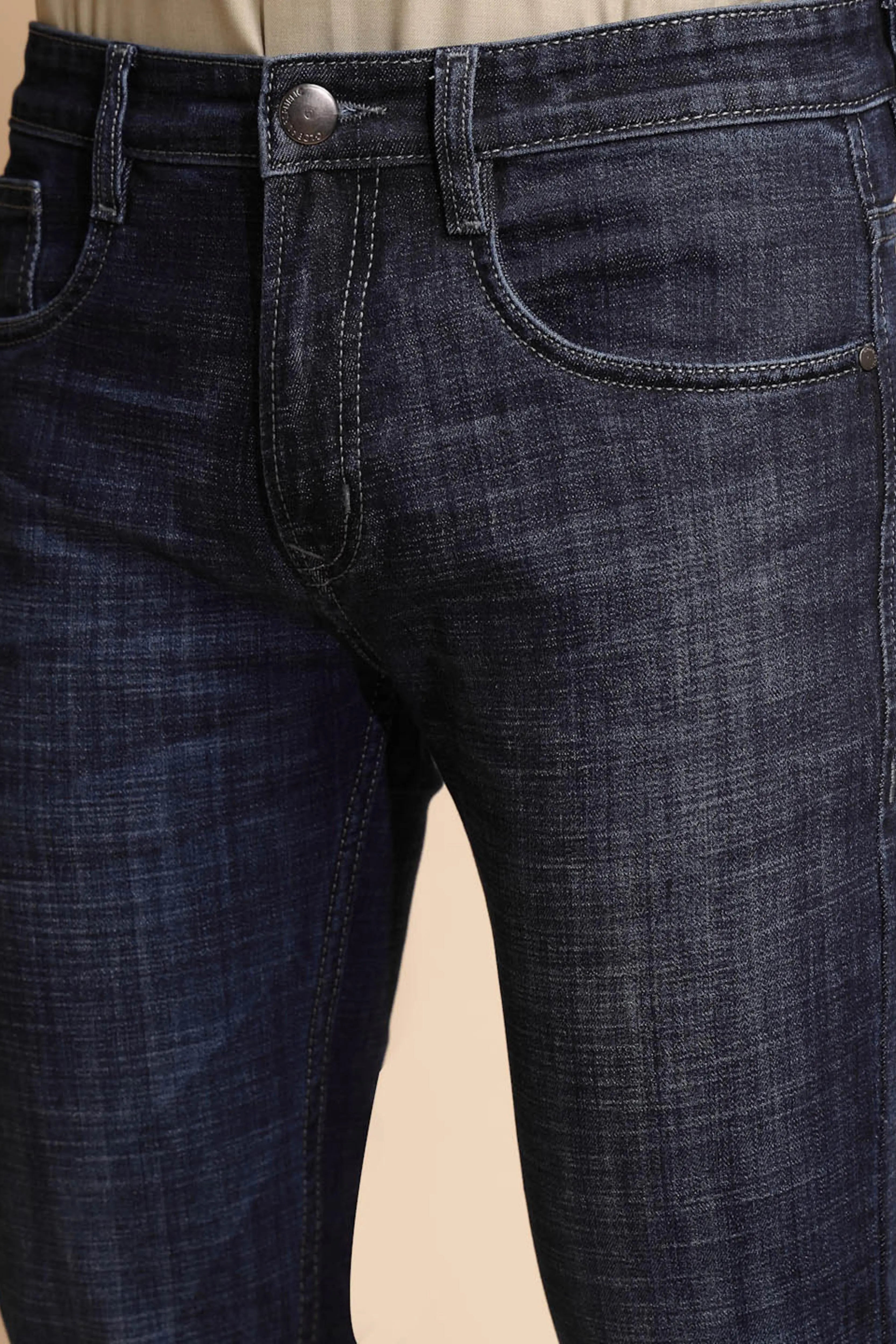 Dark Blue Solid Cotton Blend Jeans - Global Republic