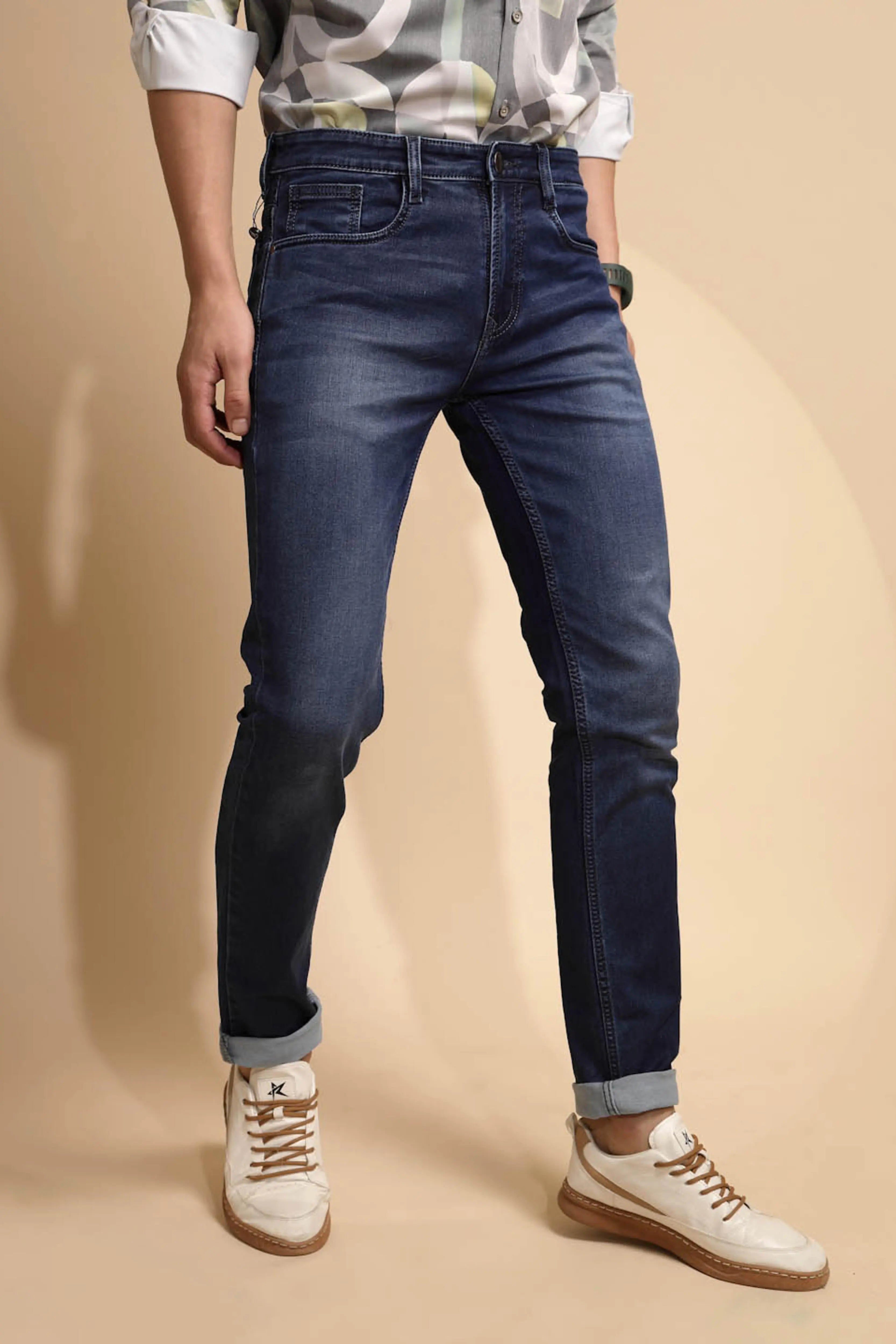 Solid Blue Mid Rise Cotton Blend Folding Jeans - Global Republic