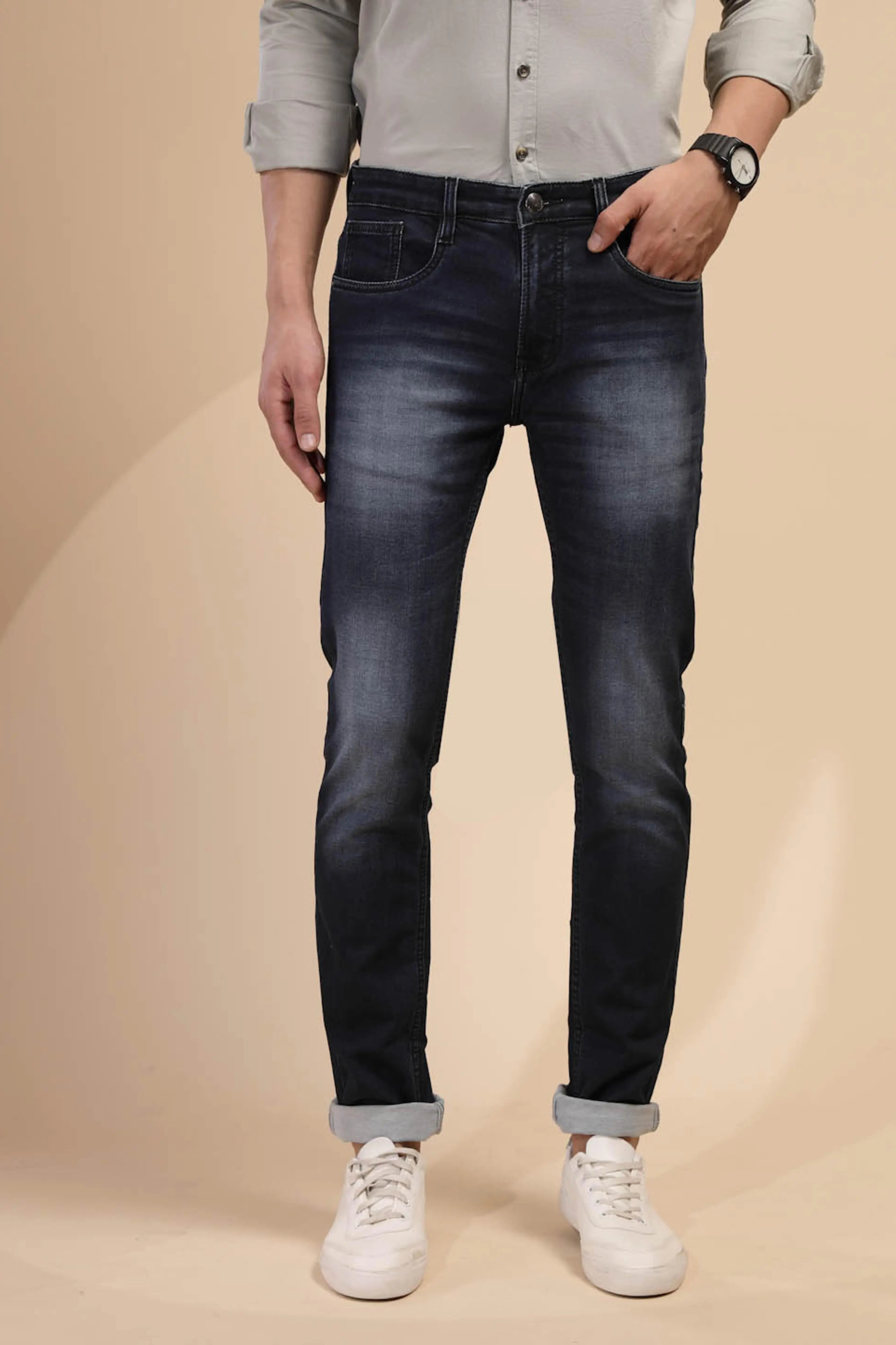 Solid Blue Mid Rise Cotton Blend Slim fit Jeans - Global Republic