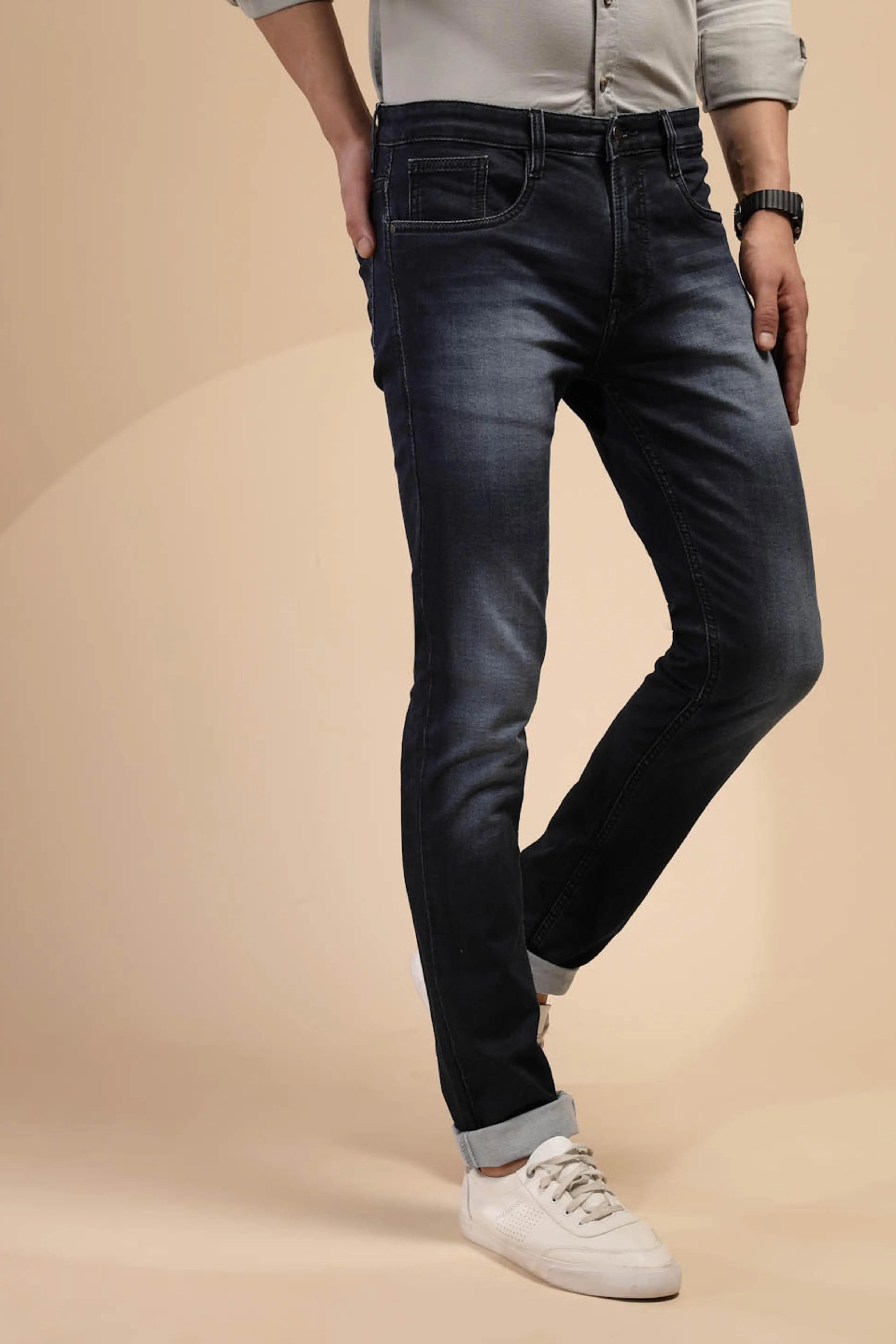 Solid Blue Mid Rise Cotton Blend Slim fit Jeans - Global Republic
