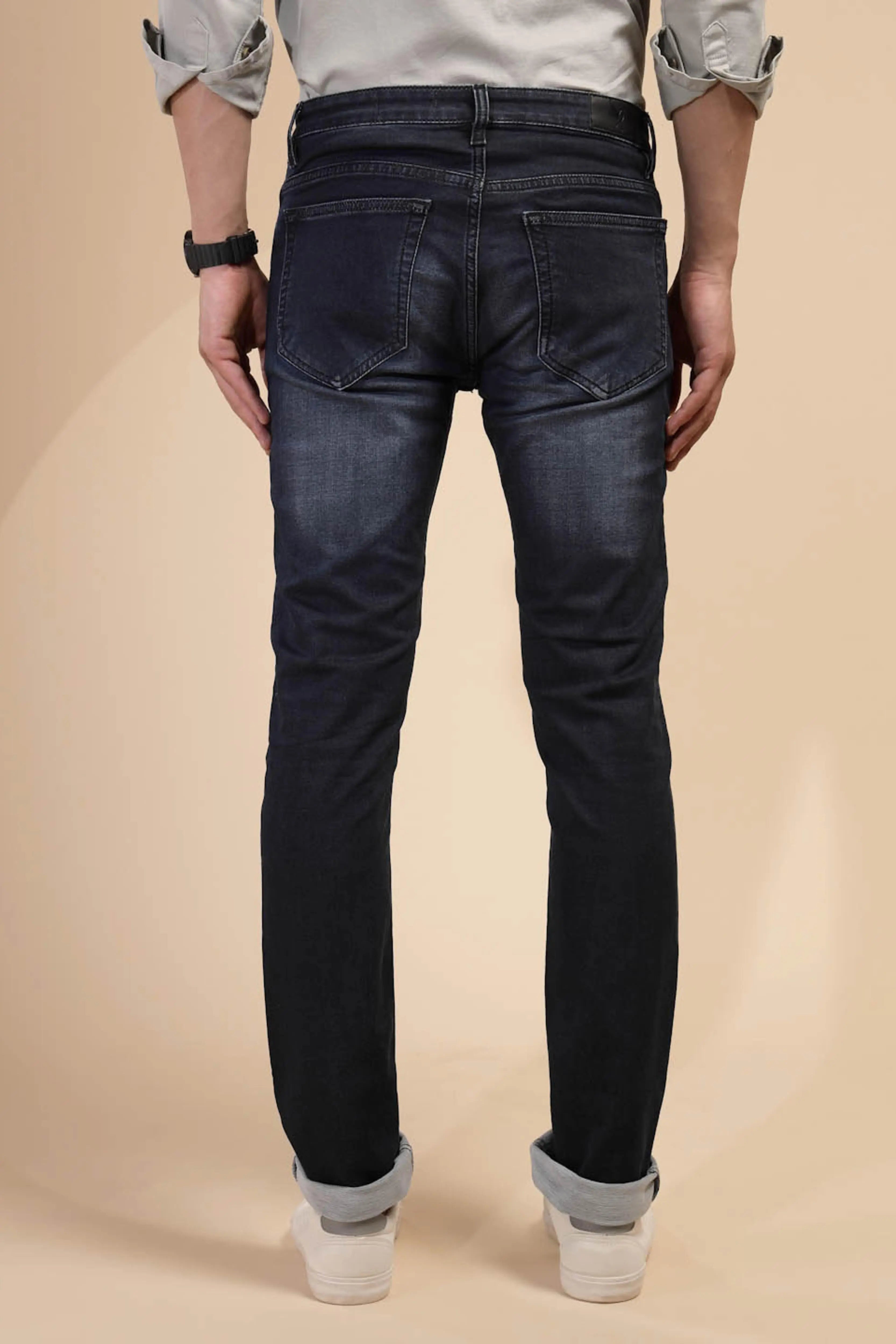 Solid Blue Mid Rise Cotton Blend Slim fit Jeans - Global Republic