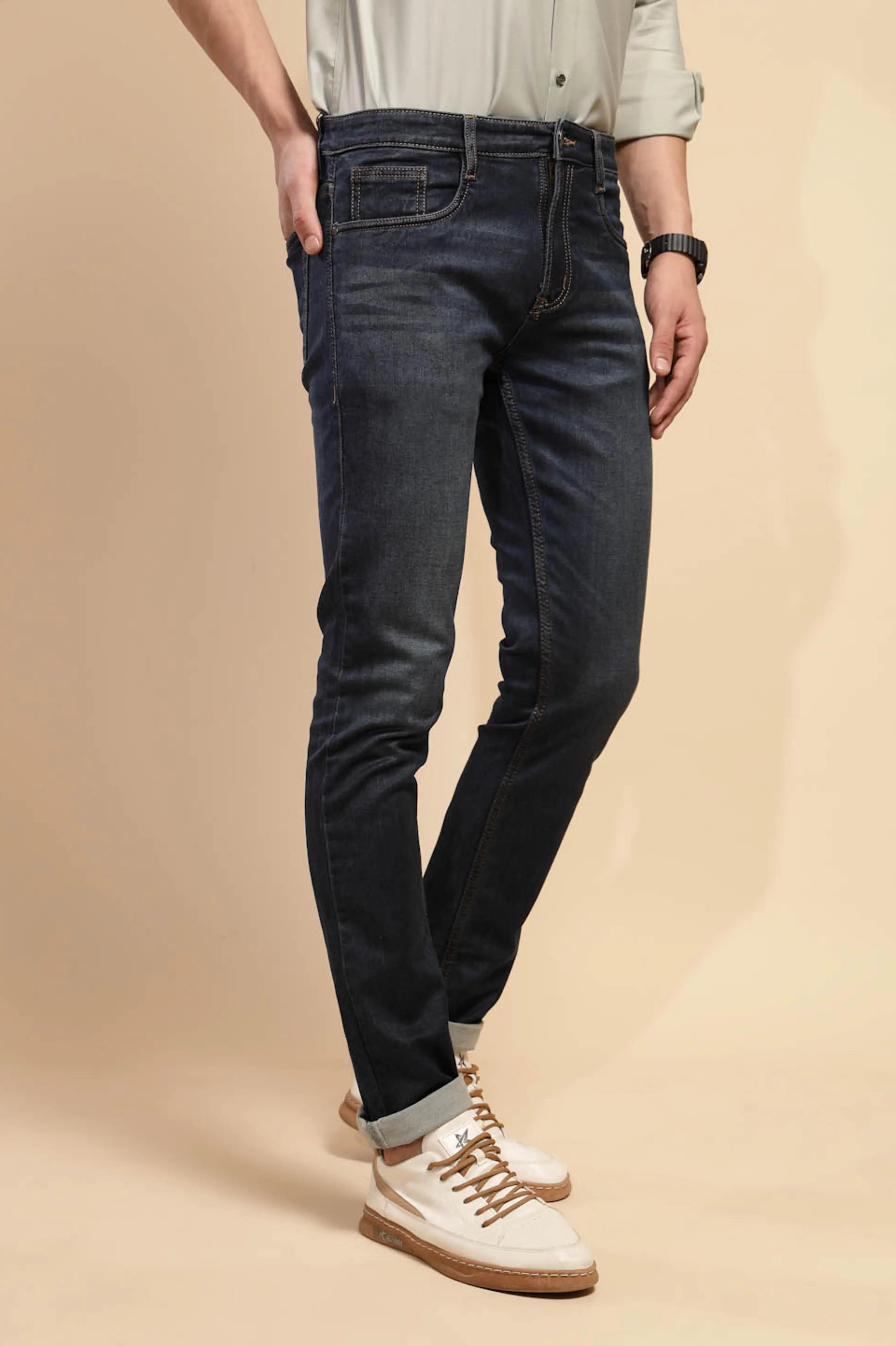 Tint Blue Solid Mid Rise Denim Cuffing Jeans - Global Republic