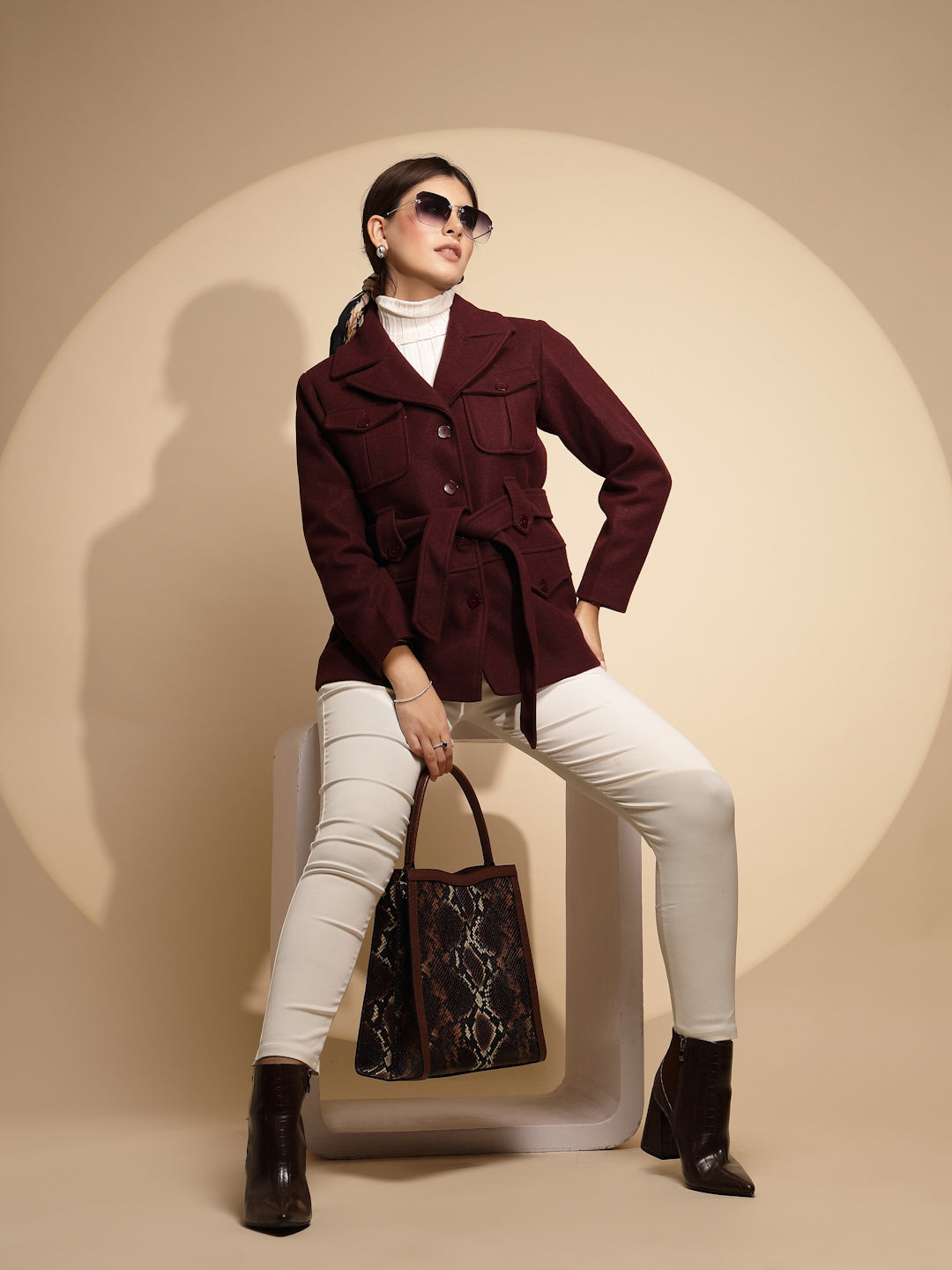 Wine Solid Knitted Wrap Coat - Global Republic