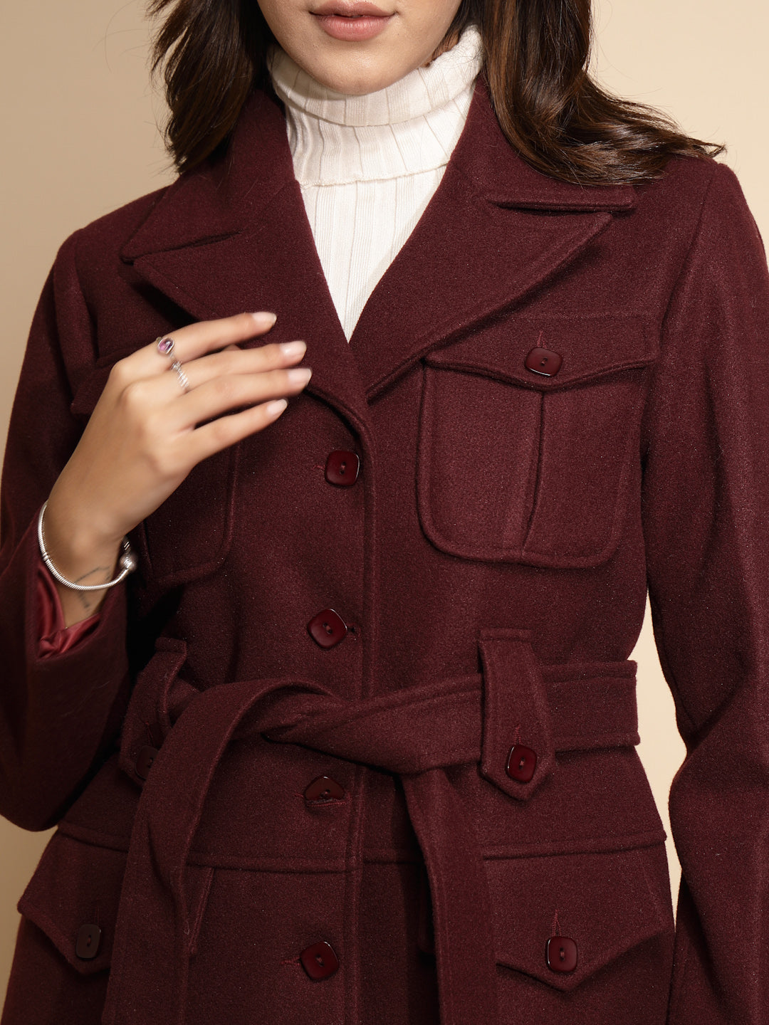 Wine Solid Knitted Wrap Coat - Global Republic