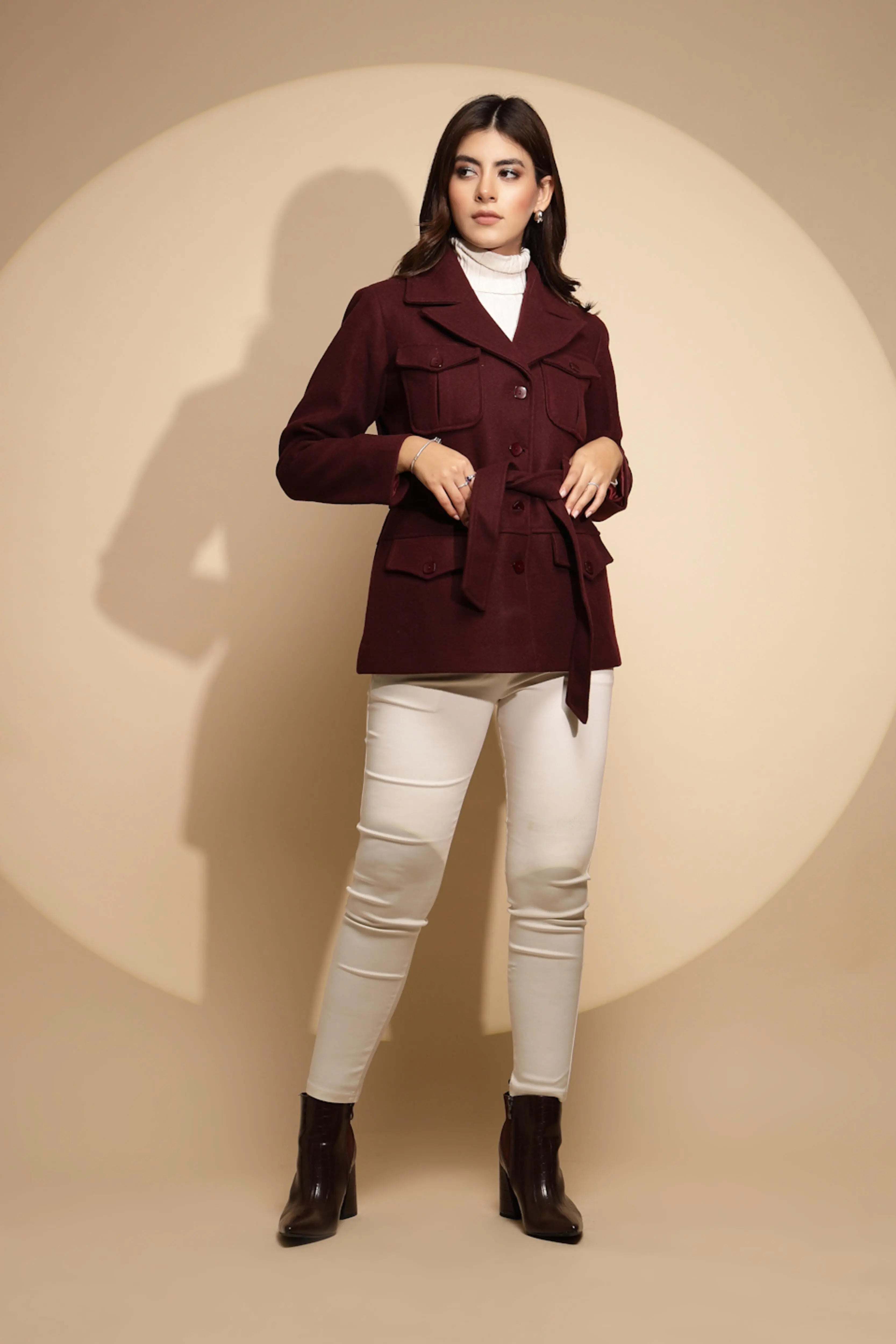 Wine Solid Knitted Wrap Coat - Global Republic