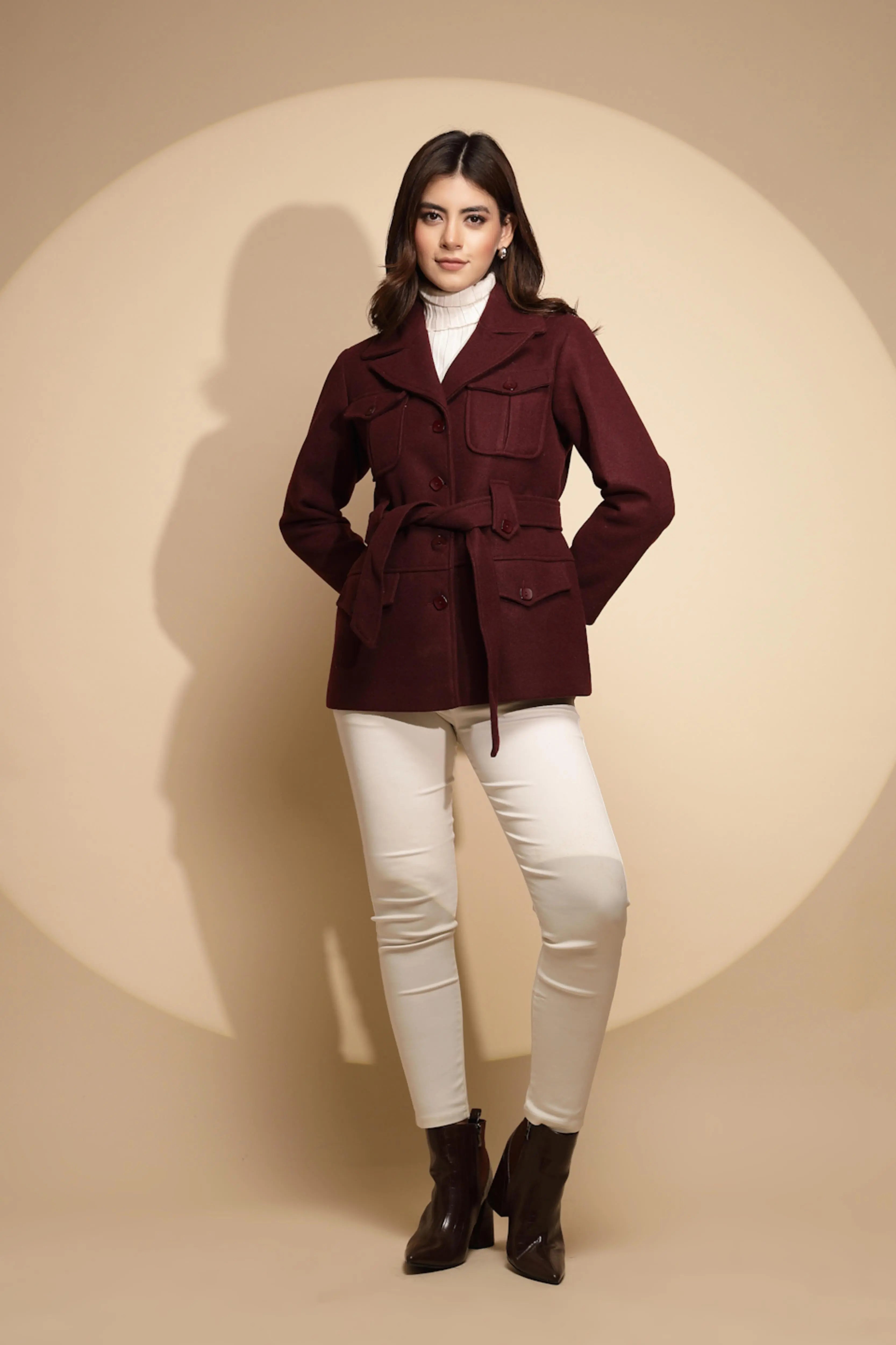 Wine Solid Knitted Wrap Coat - Global Republic