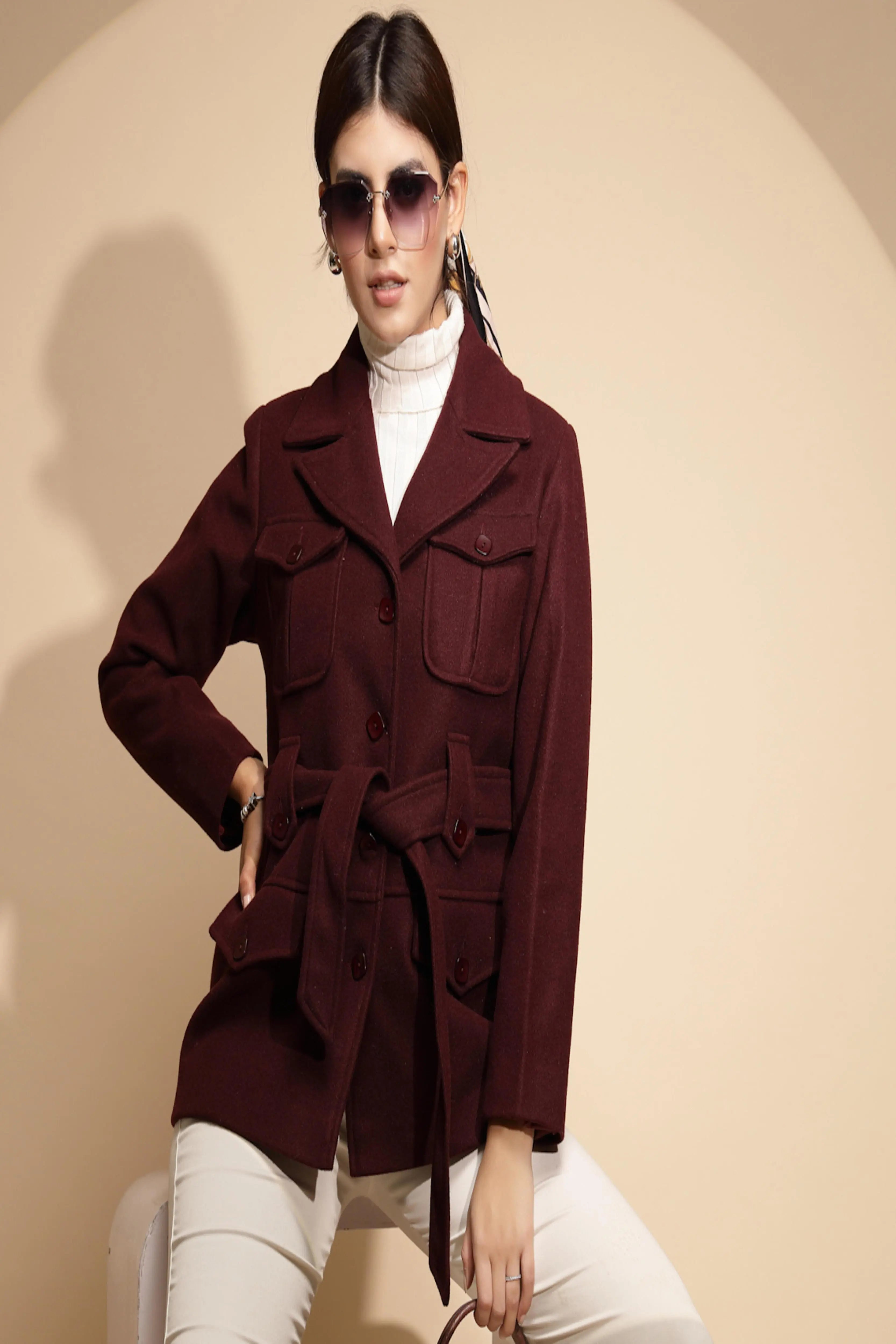 Wine Solid Knitted Wrap Coat - Global Republic