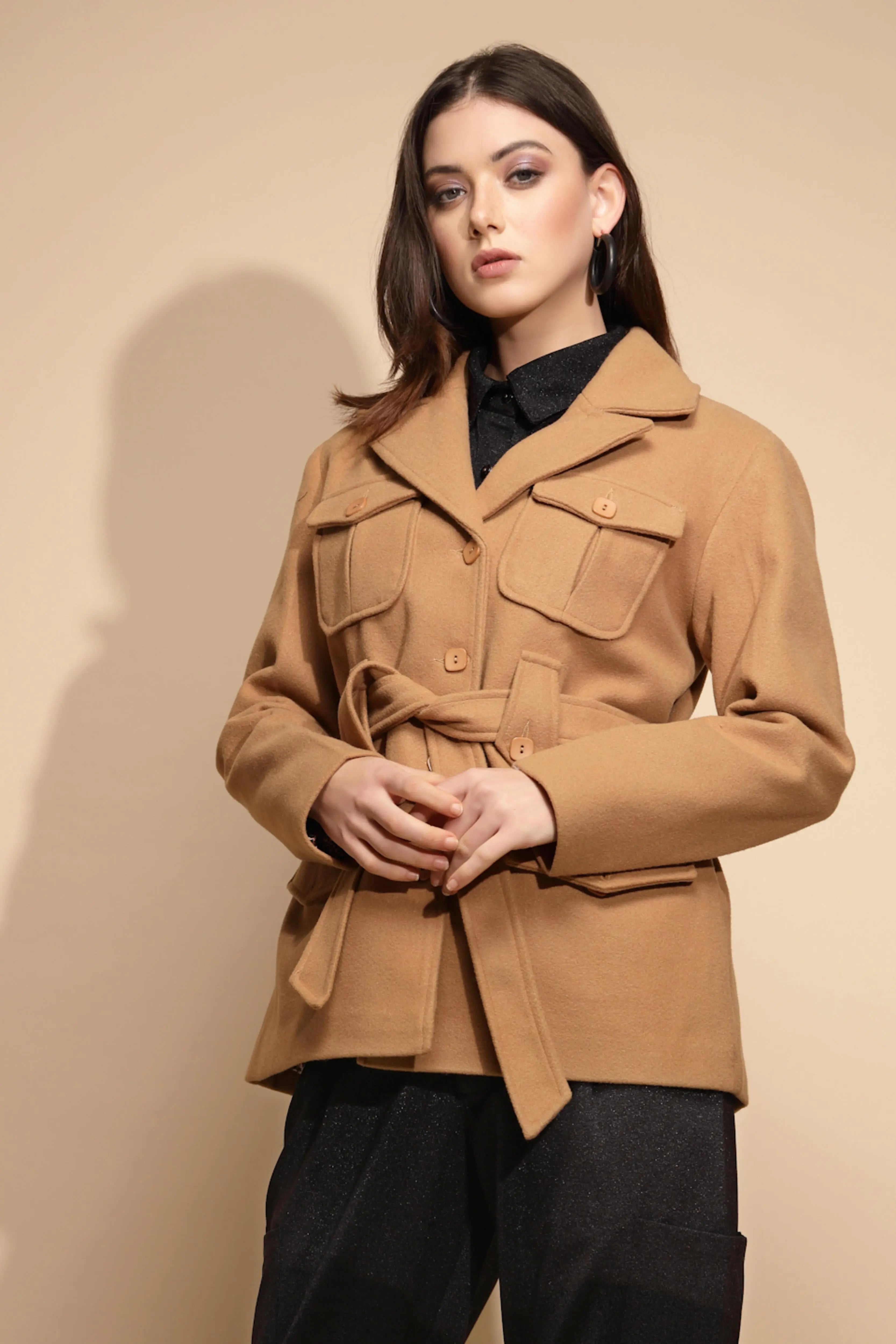 Brown Solid Knitted Wrap Coat - Global Republic