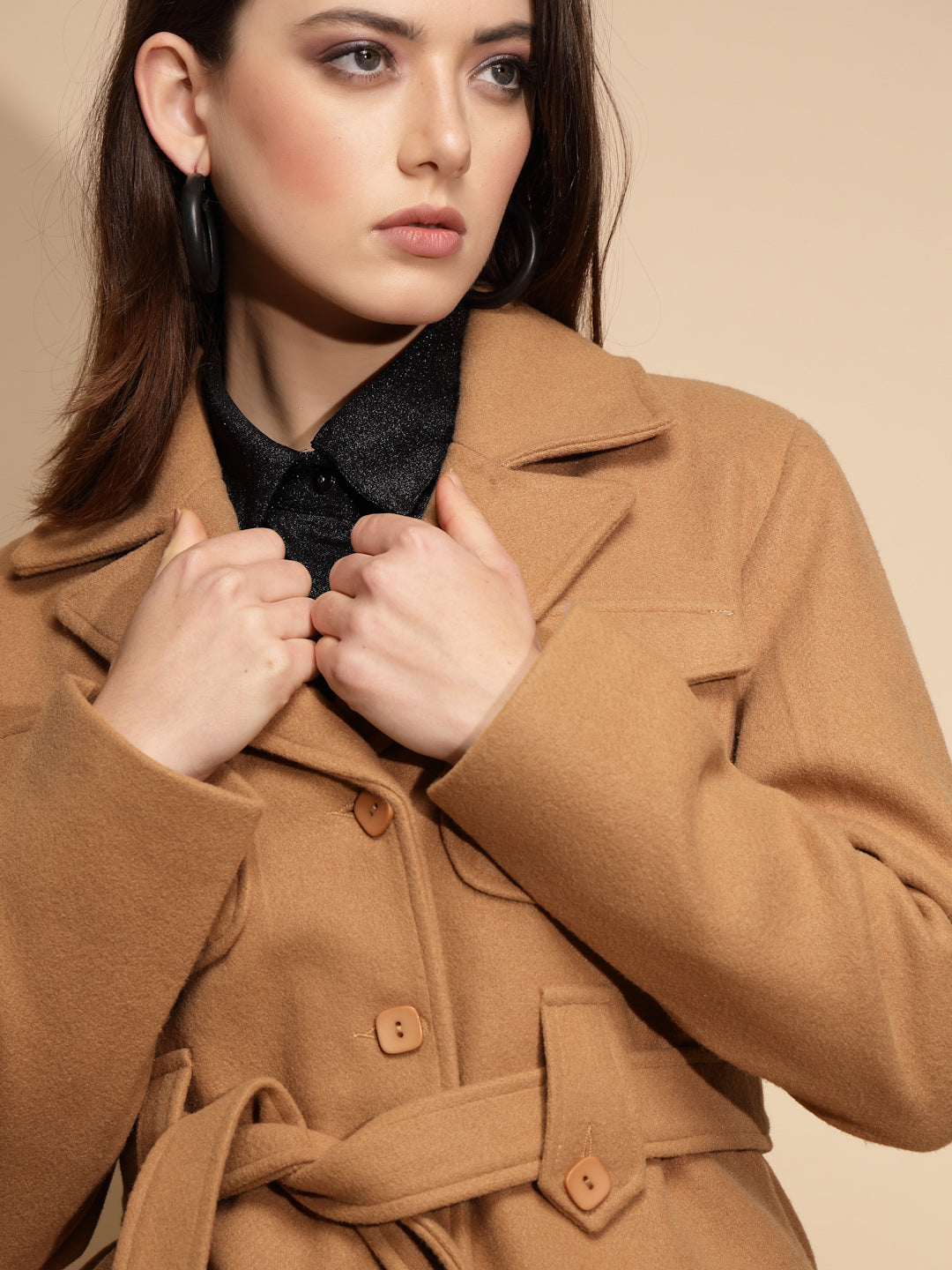 Brown Solid Knitted Wrap Coat - Global Republic