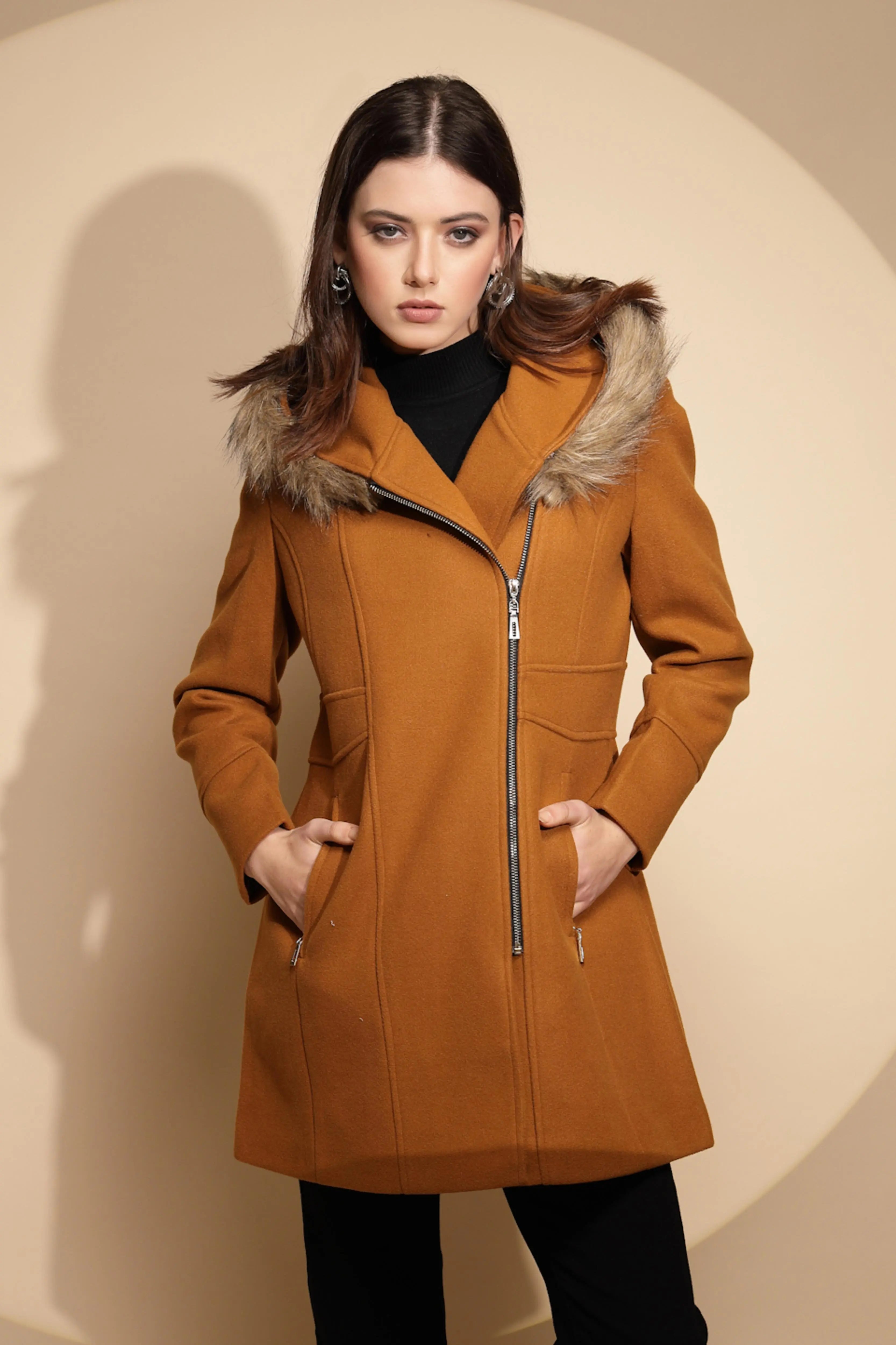 Women Mustard Solid Full Sleeve Knitted Fur Hooded Neck Coat - Global Republic