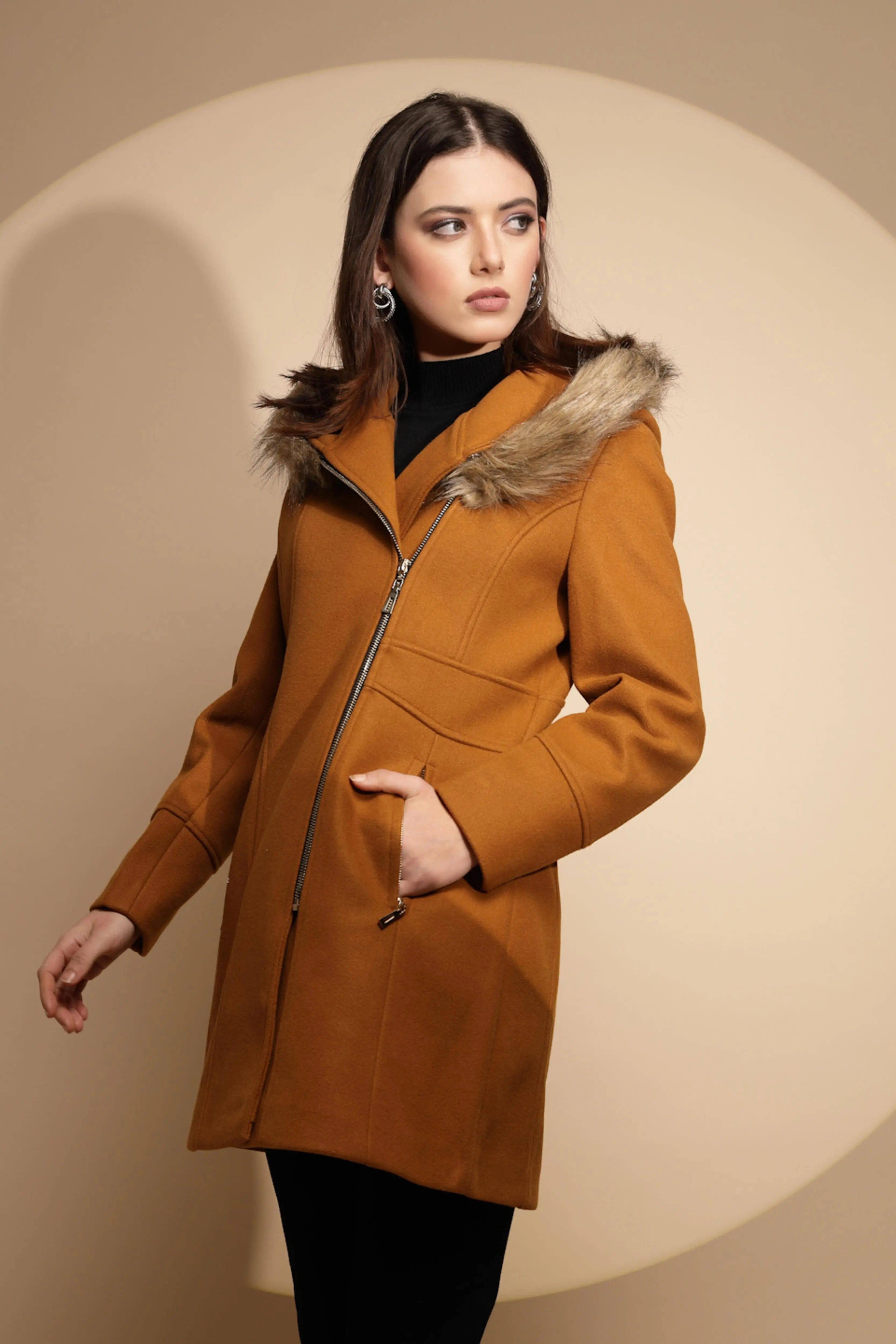 Women Mustard Solid Full Sleeve Knitted Fur Hooded Neck Coat - Global Republic
