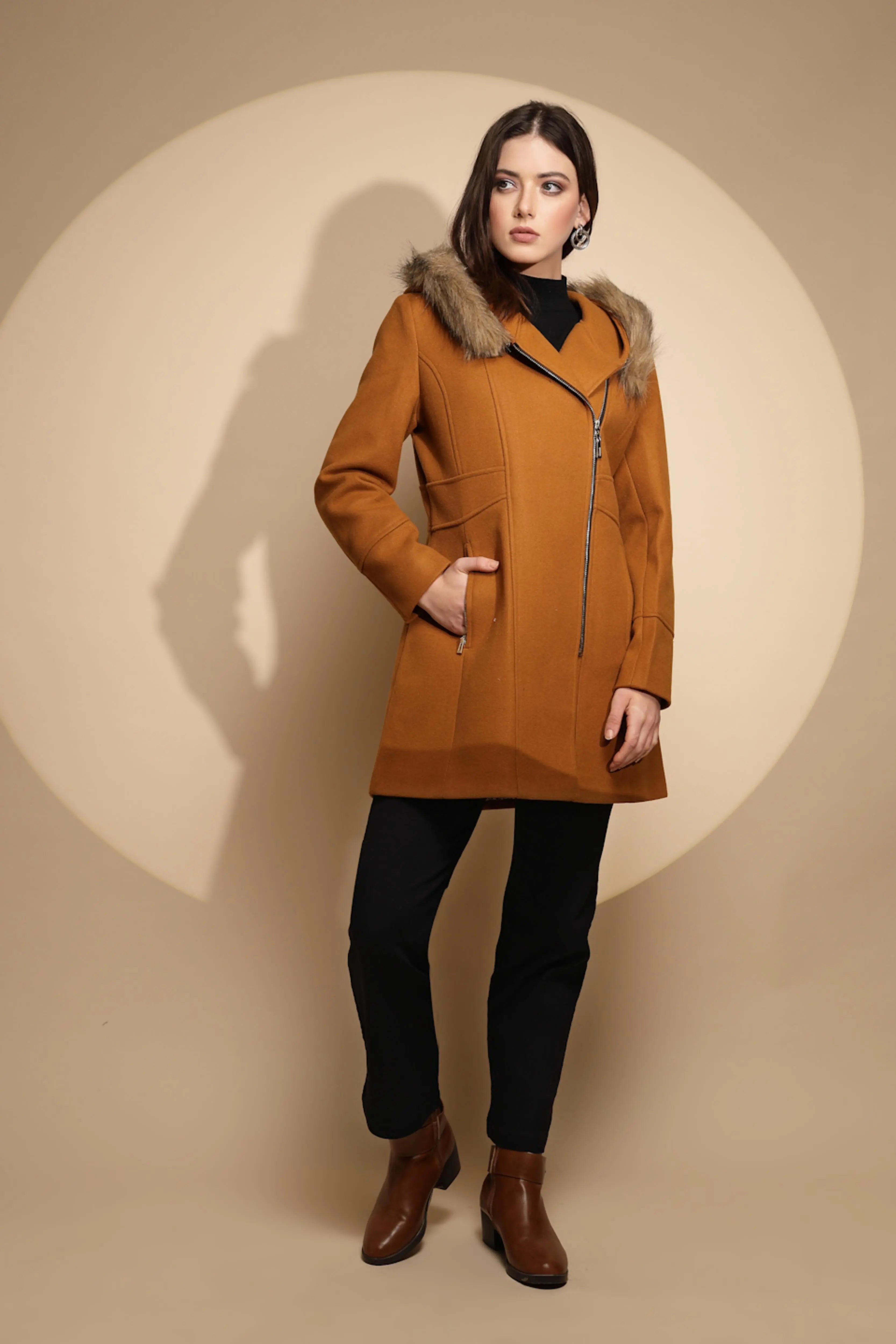 Mustard Solid Full Sleeve Knitted Fur Hooded Neck Coat - Global Republic