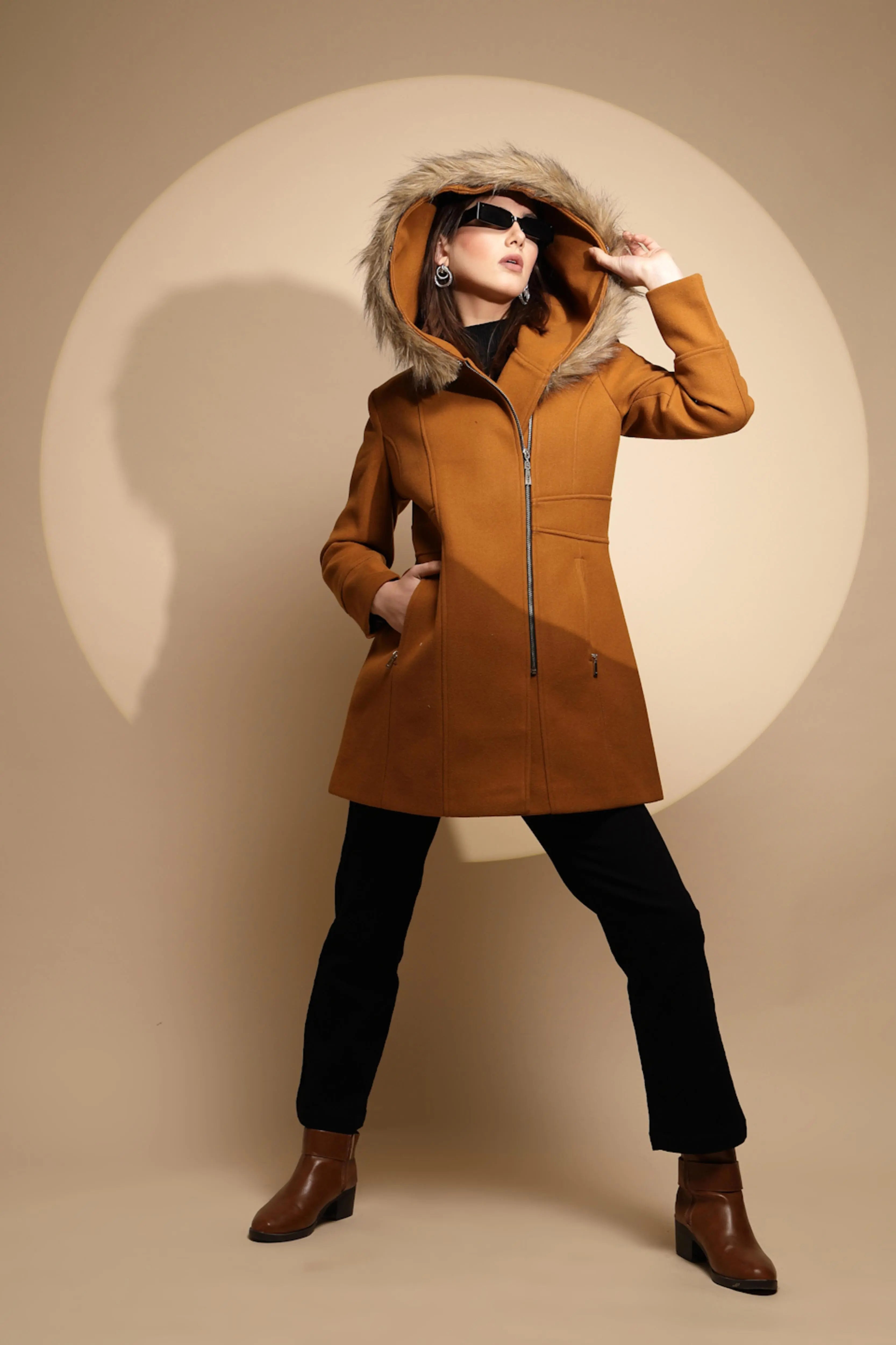 Mustard Solid Full Sleeve Knitted Fur Hooded Neck Coat - Global Republic