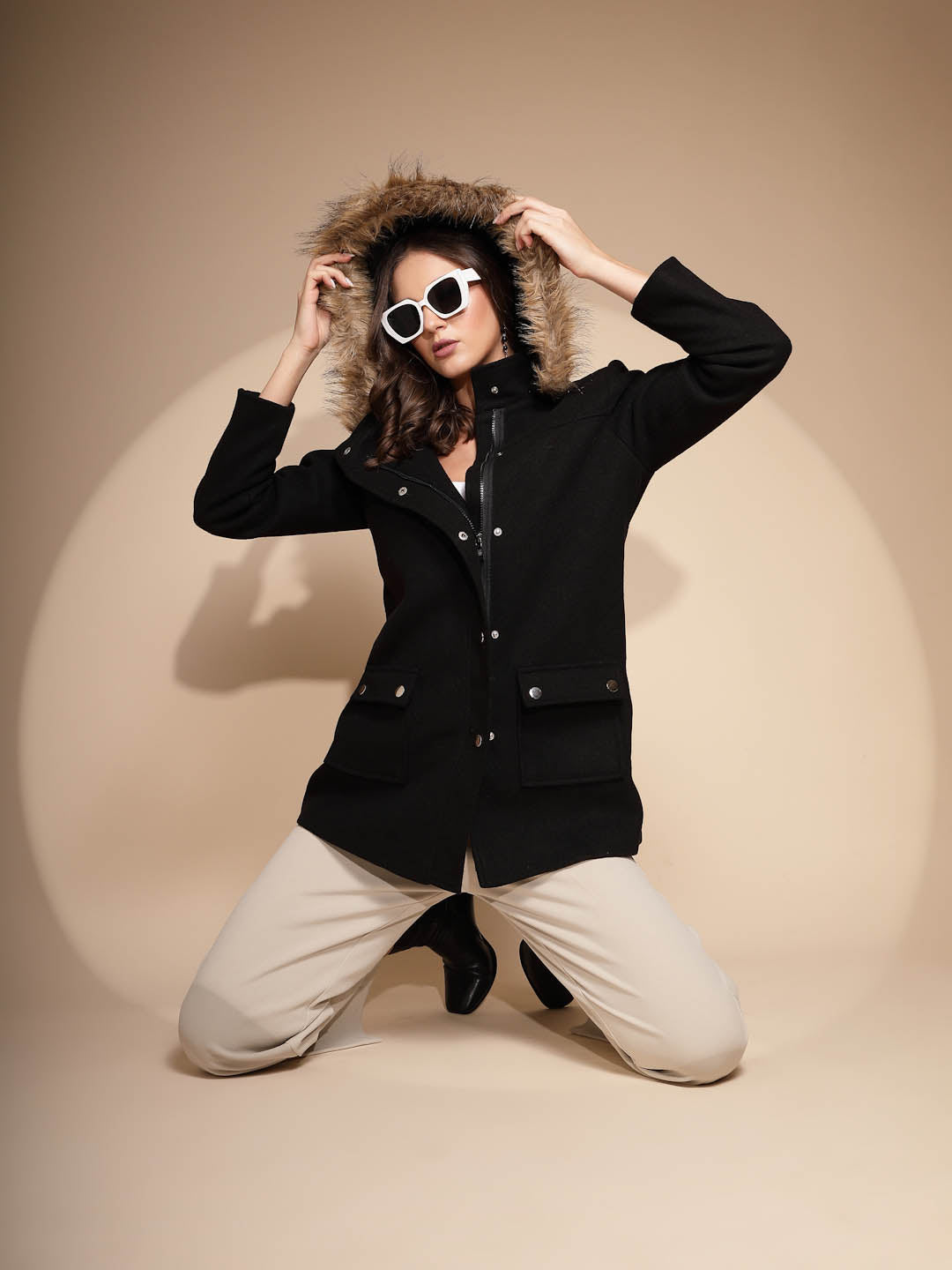Black Solid Hooded Coat - Global Republic