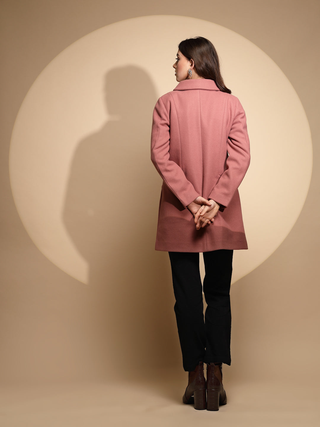 Women Pink Solid High Neck Full Sleeve Loose fit Coat - Global Republic