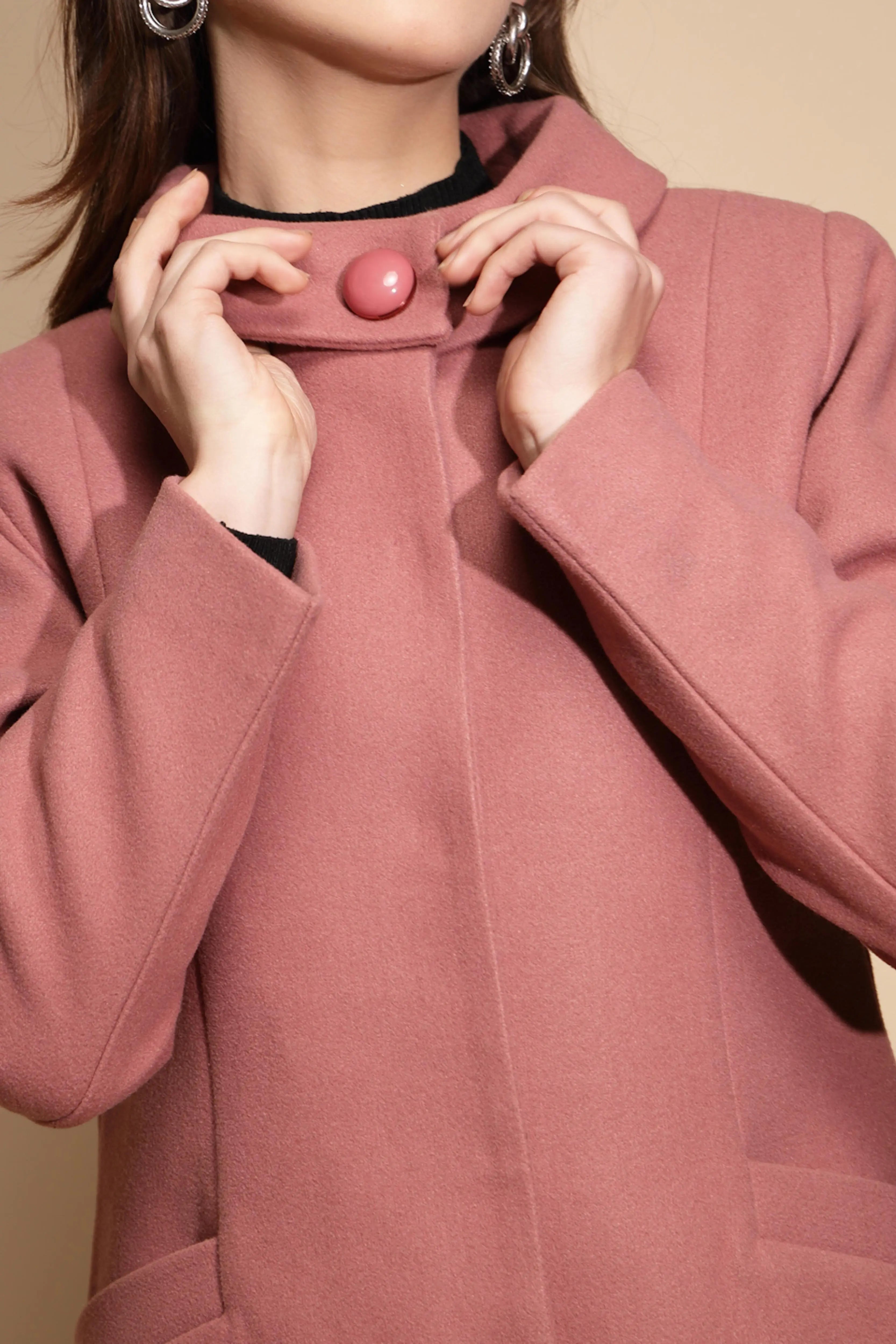 Women Pink Solid High Neck Full Sleeve Loose fit Coat - Global Republic