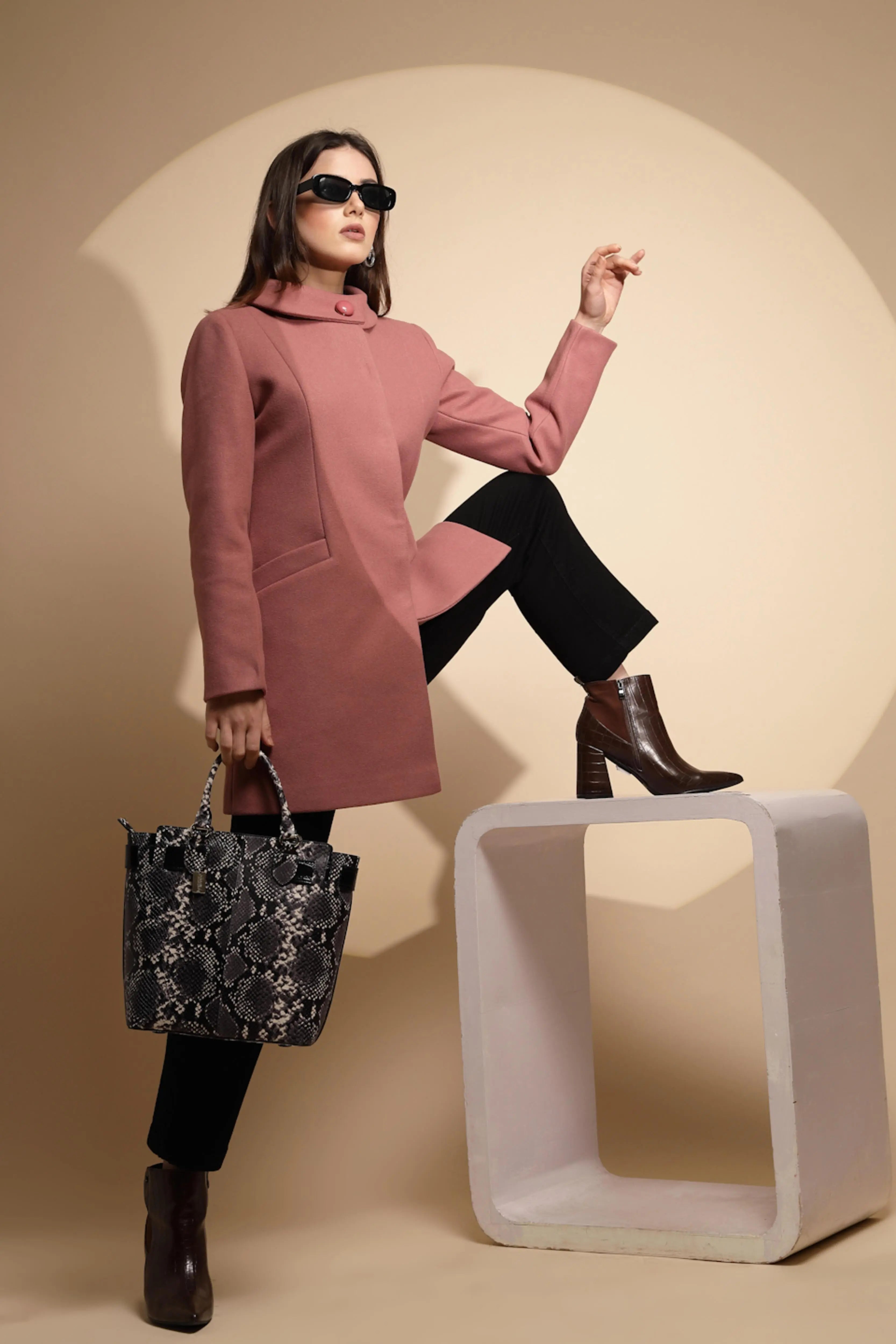 Women Pink Solid High Neck Full Sleeve Loose fit Coat - Global Republic