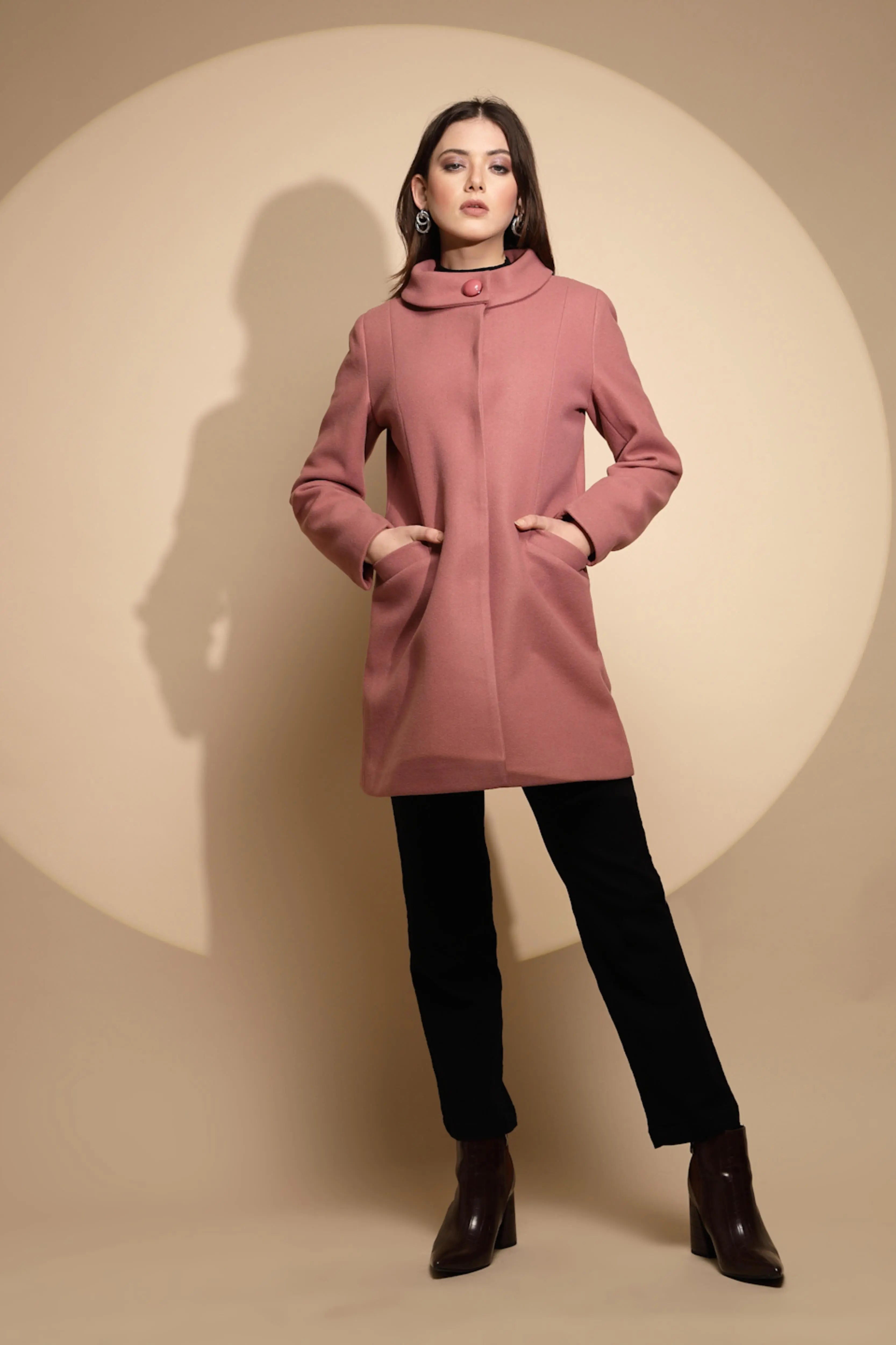 Women Pink Solid High Neck Full Sleeve Loose fit Coat - Global Republic