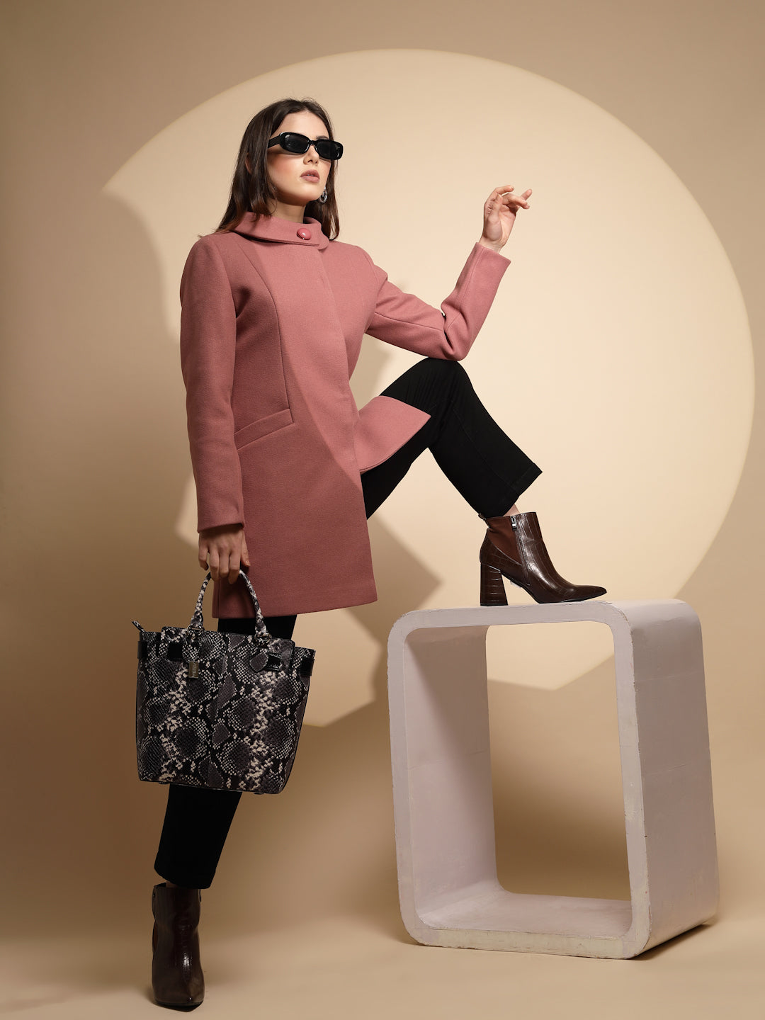 Pink Solid High Neck Full Sleeve Loose fit Coat