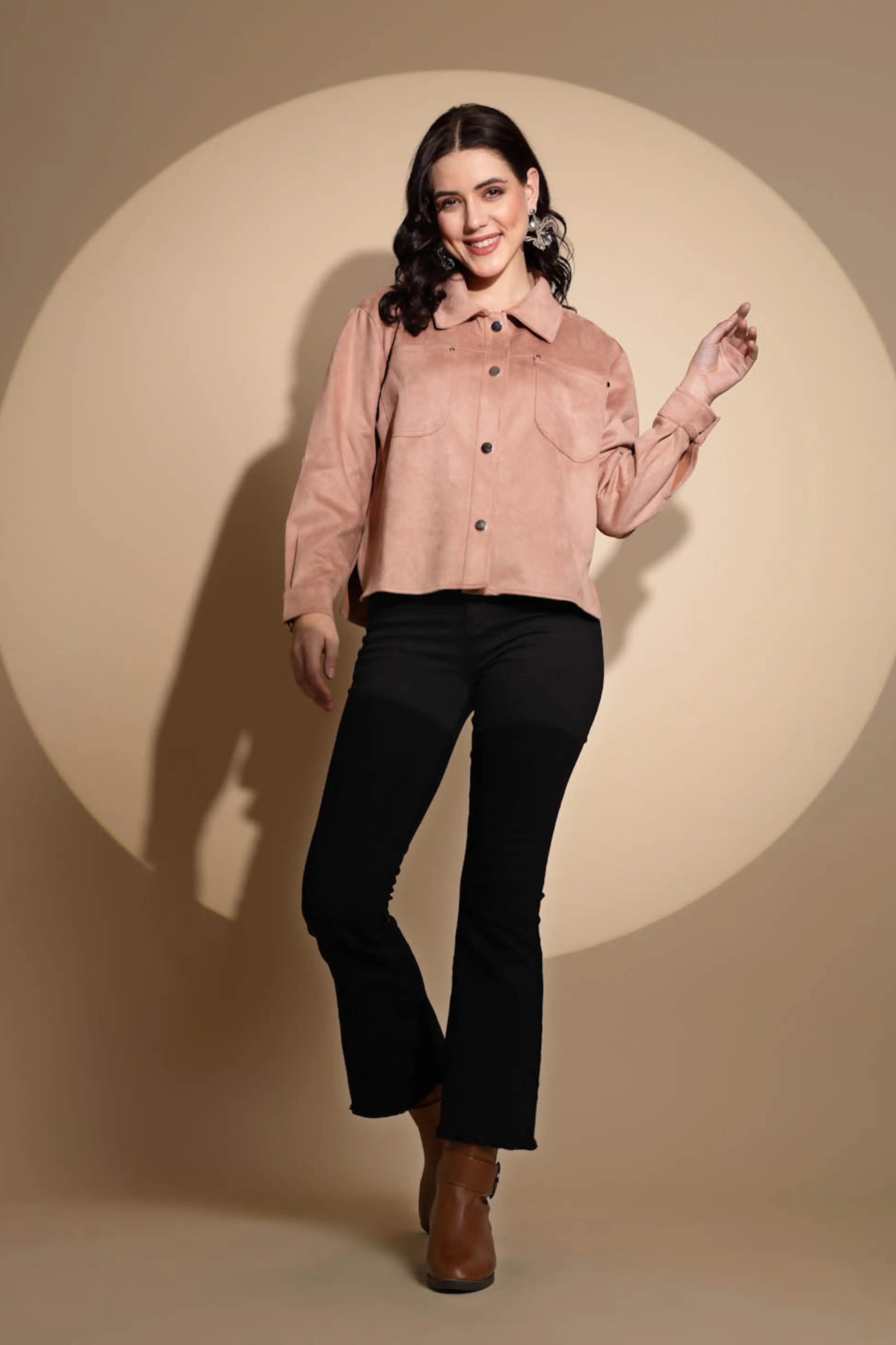 Peach Solid Suede Shacket - Global Republic