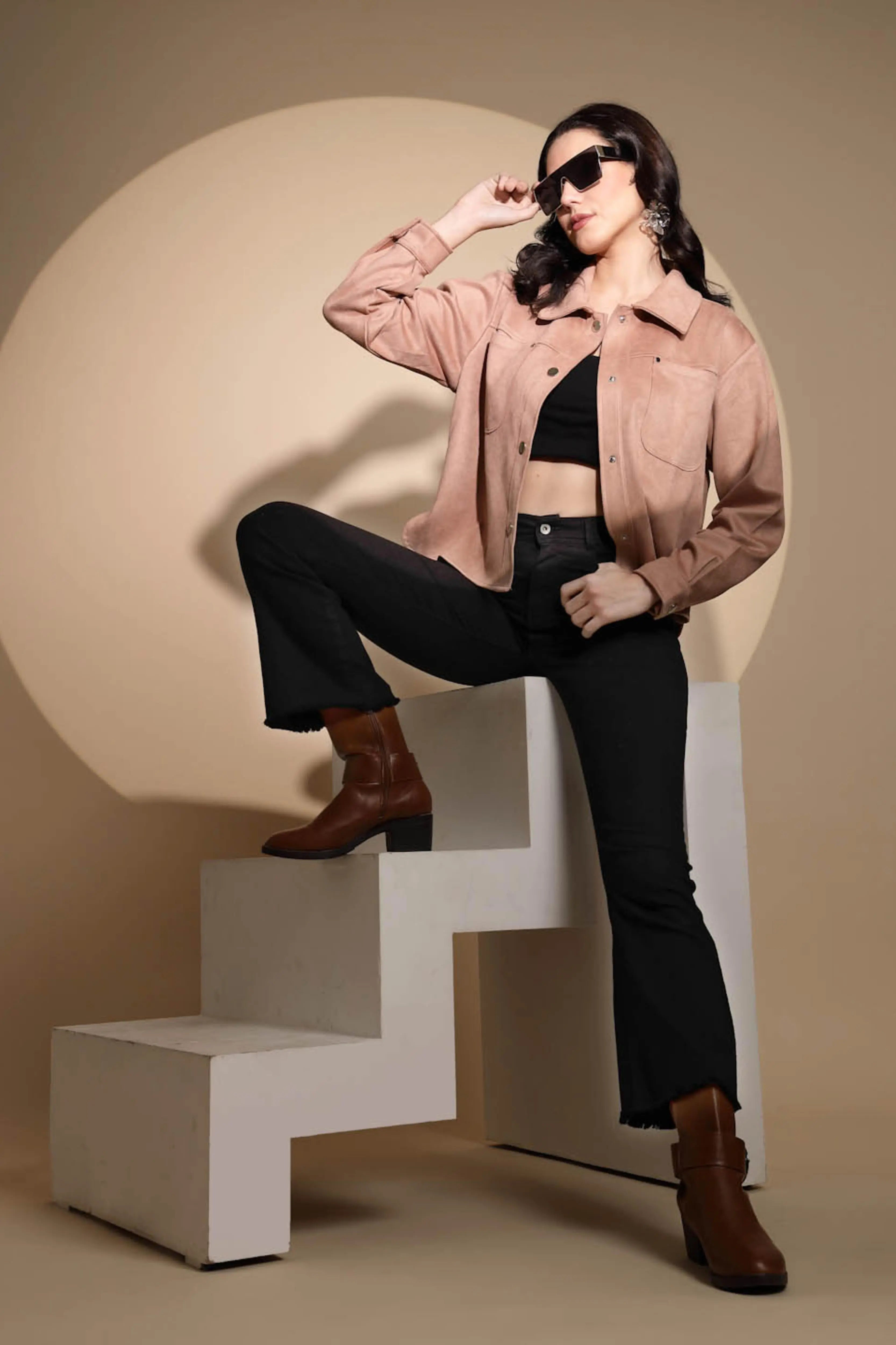 Peach Solid Suede Shacket - Global Republic