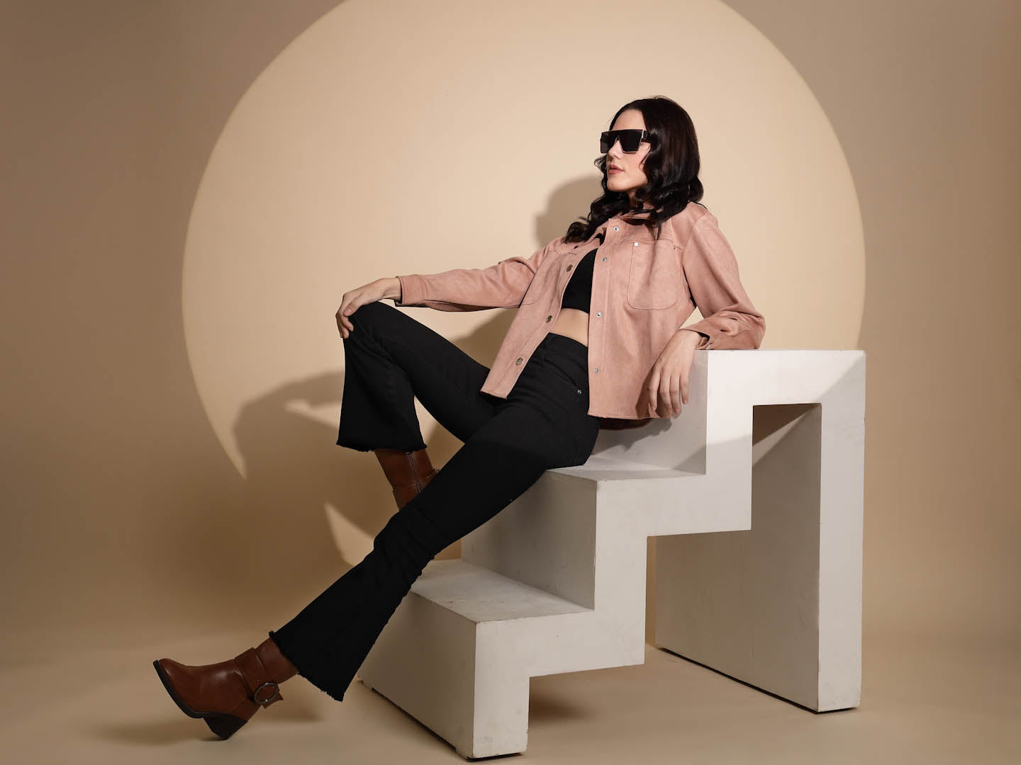Peach Solid Full Sleeve Collared Neck Suede Shacket