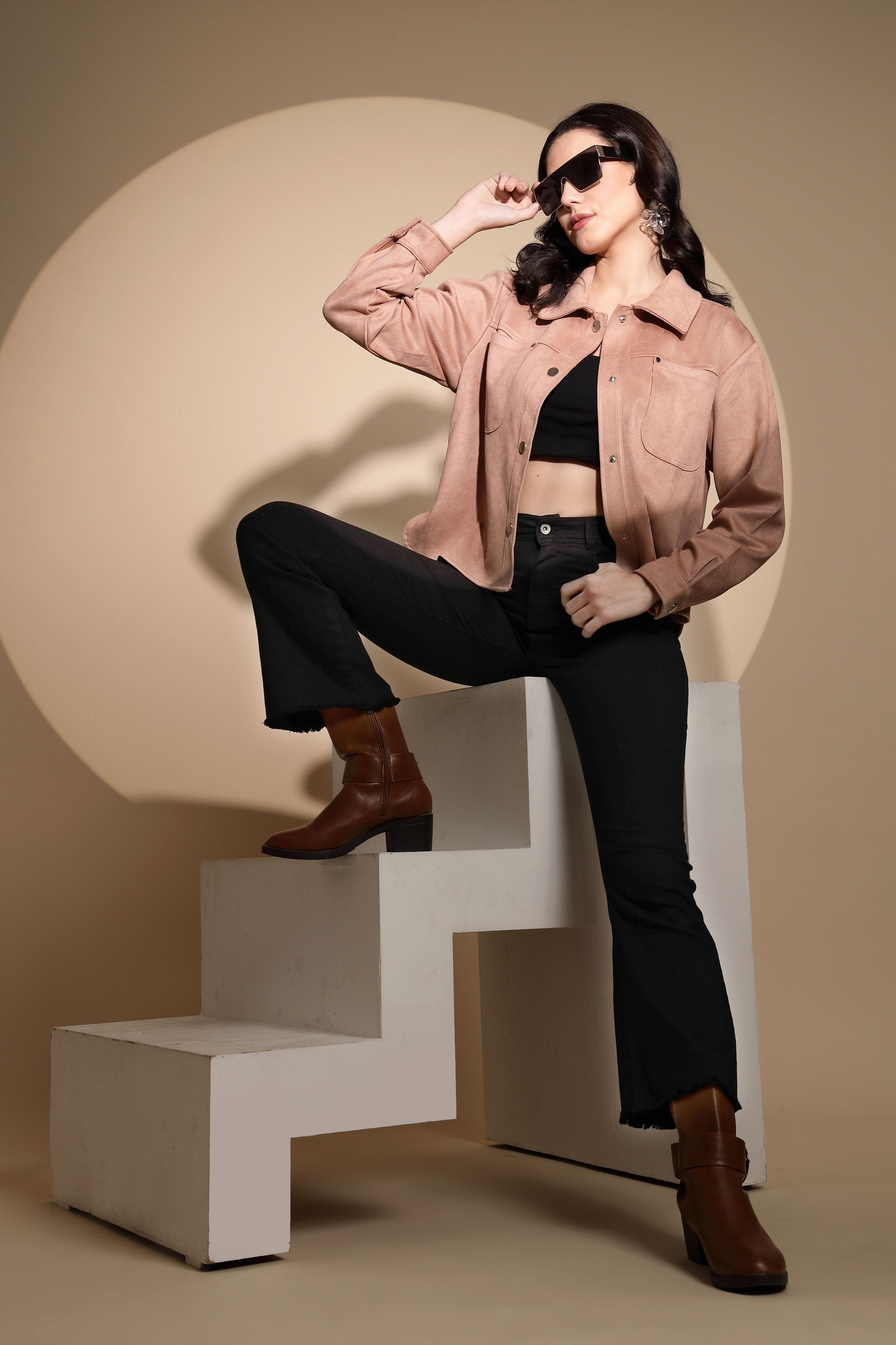 Peach Solid Suede Shacket