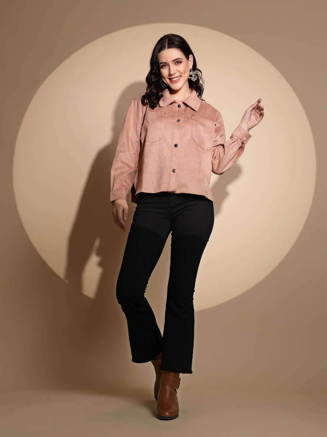 Peach Solid Suede Shacket - Global Republic