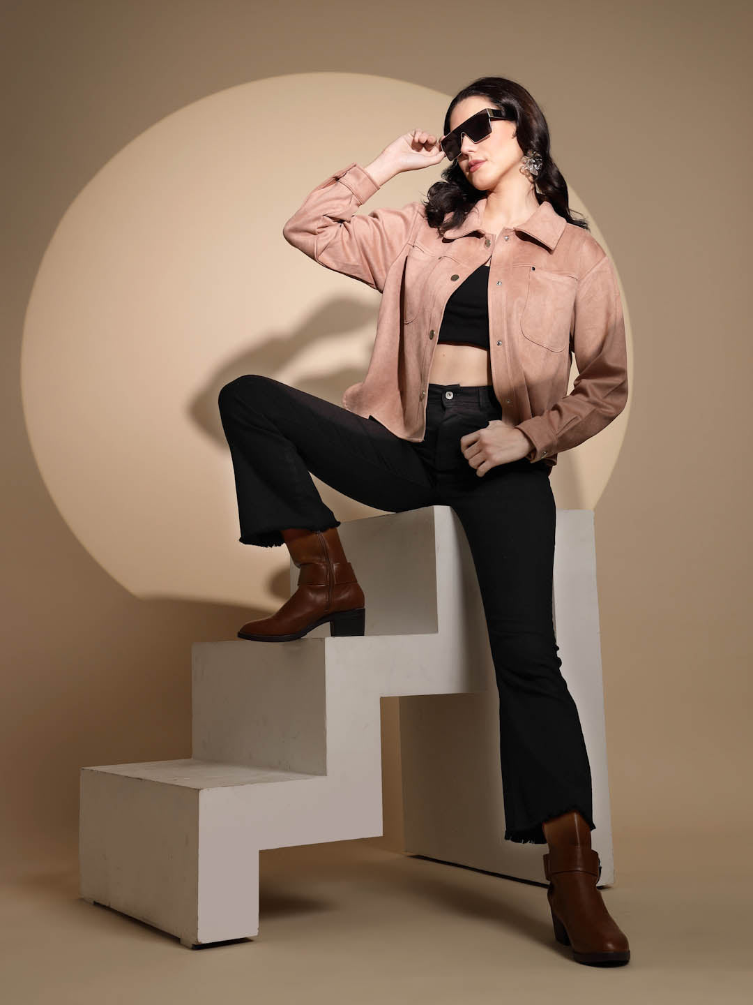 Peach Solid Suede Shacket - Global Republic