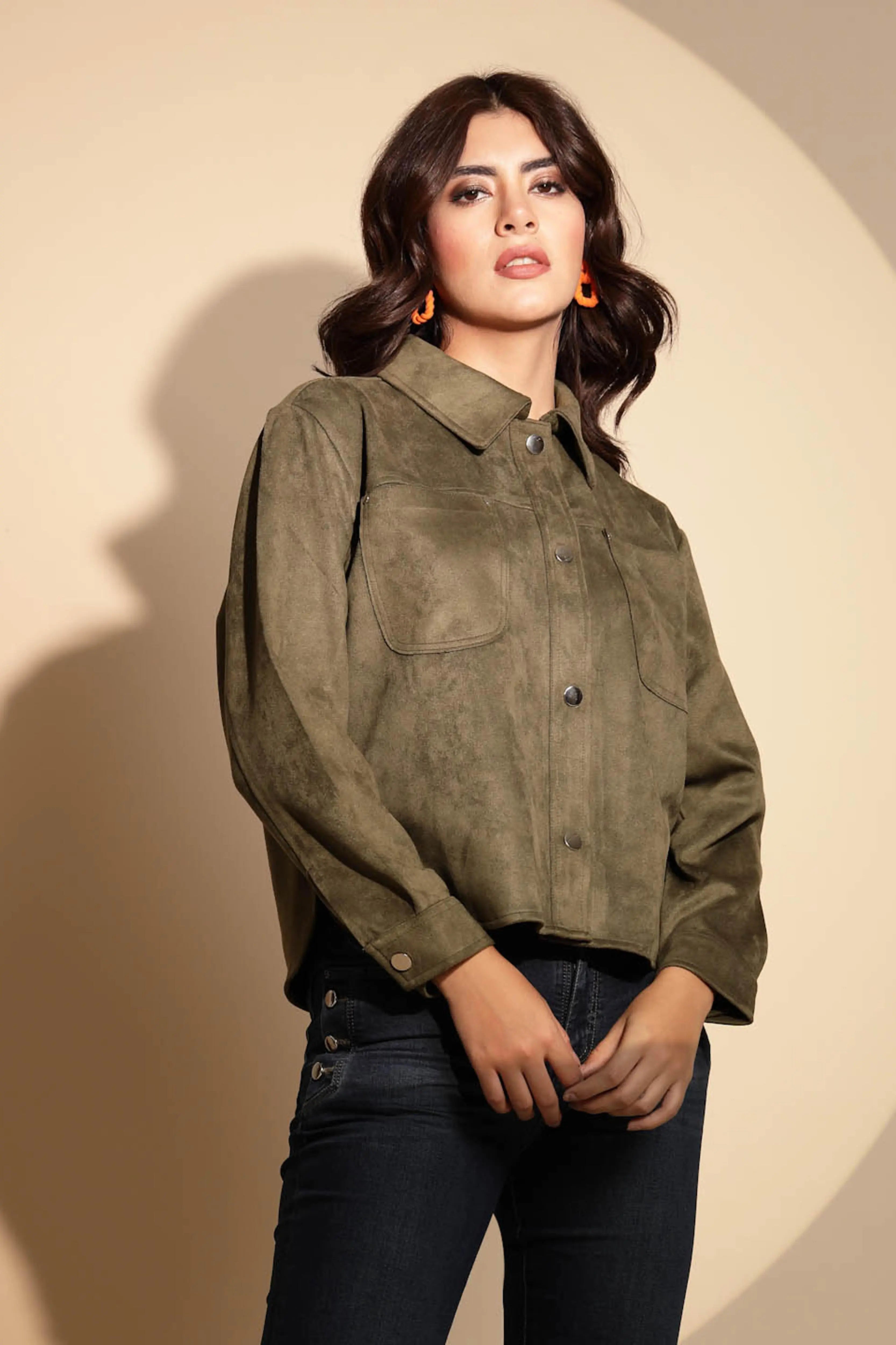 Olive Green Solid Suede Shacket - Global Republic