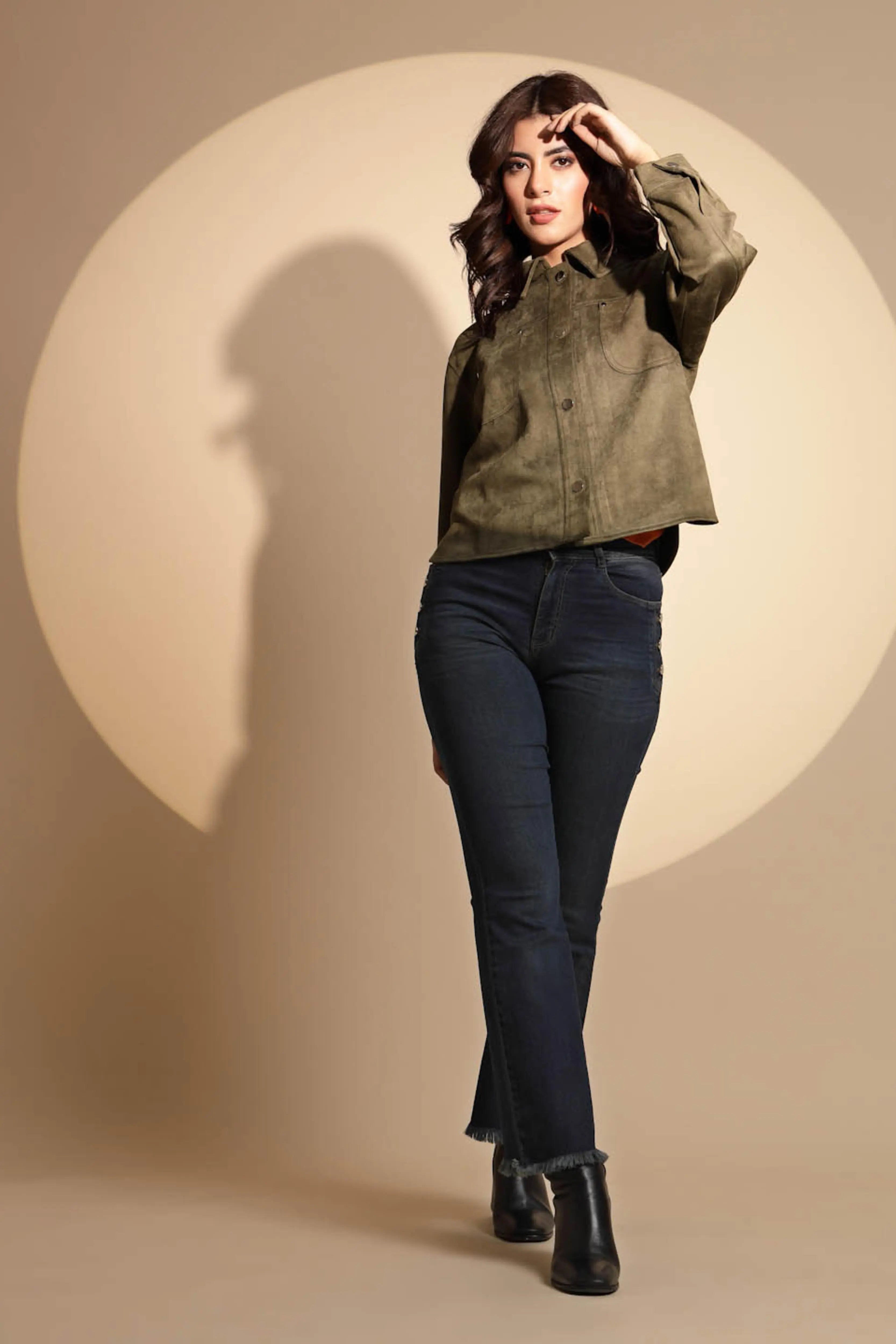 Olive Green Solid Suede Shacket - Global Republic