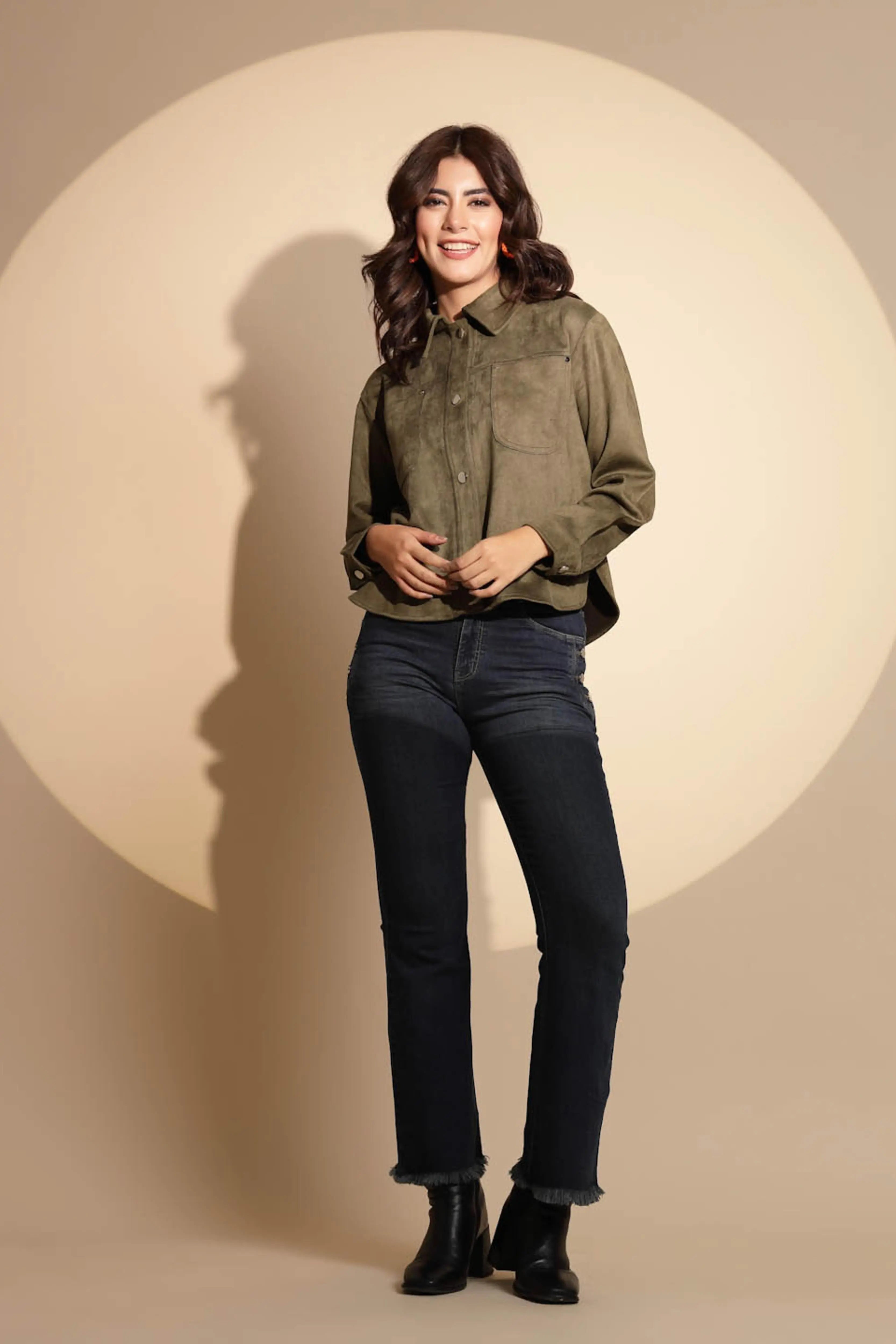 Olive Green Solid Suede Shacket - Global Republic