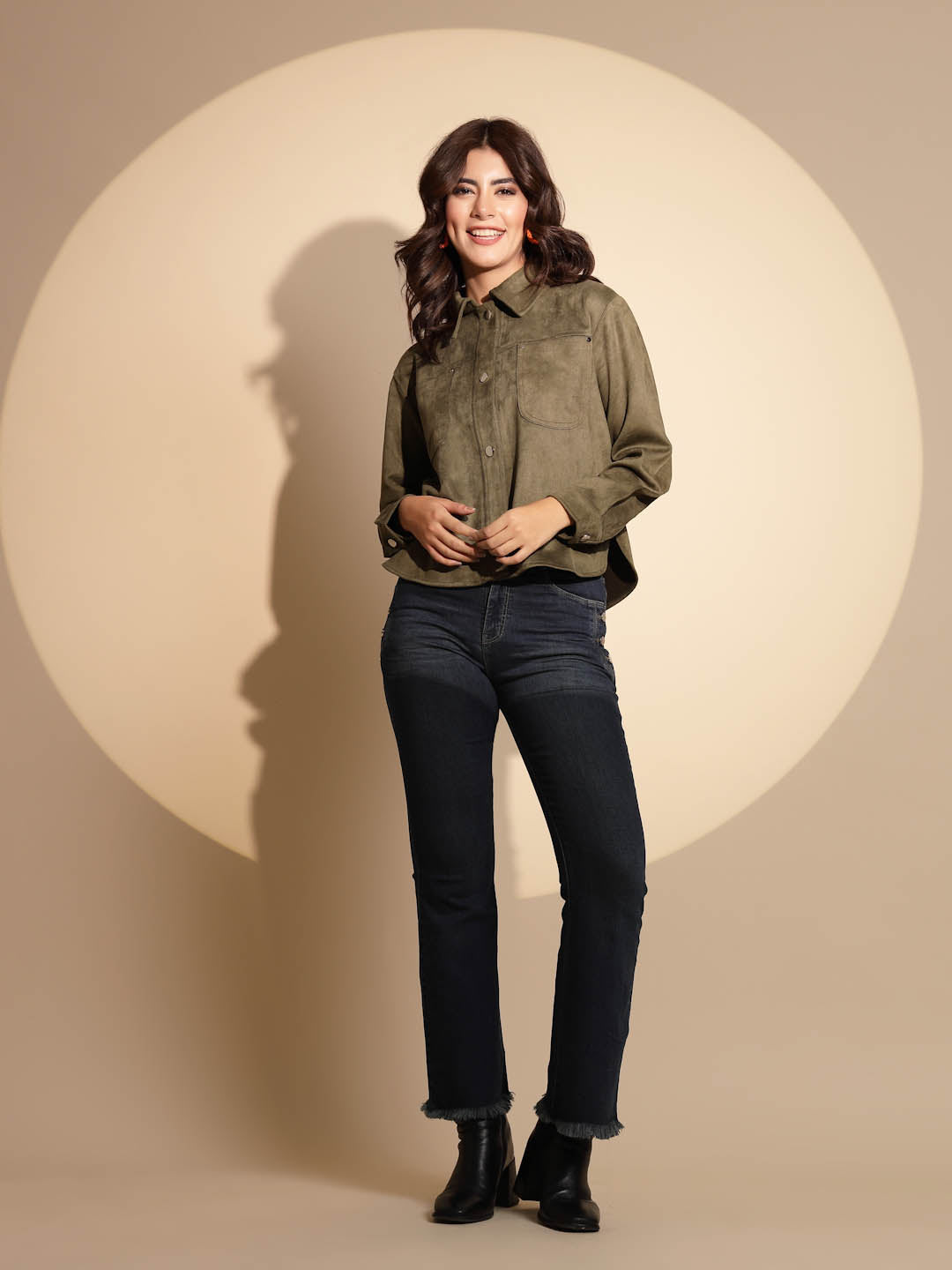 Olive Green Solid Suede Shacket - Global Republic