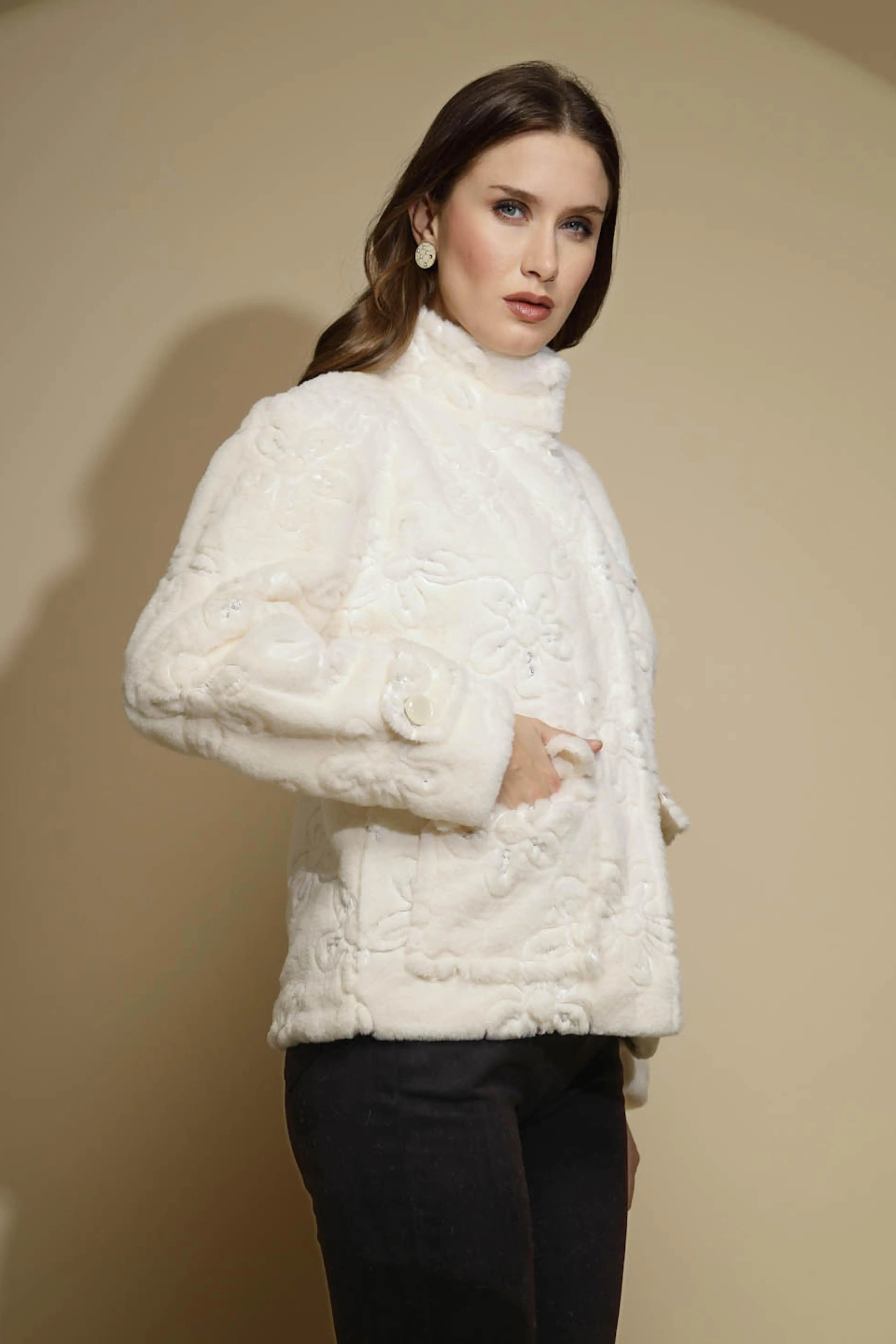 White Embroidered Full Sleeve Turtle Neck Woolen Jacket - Global Republic