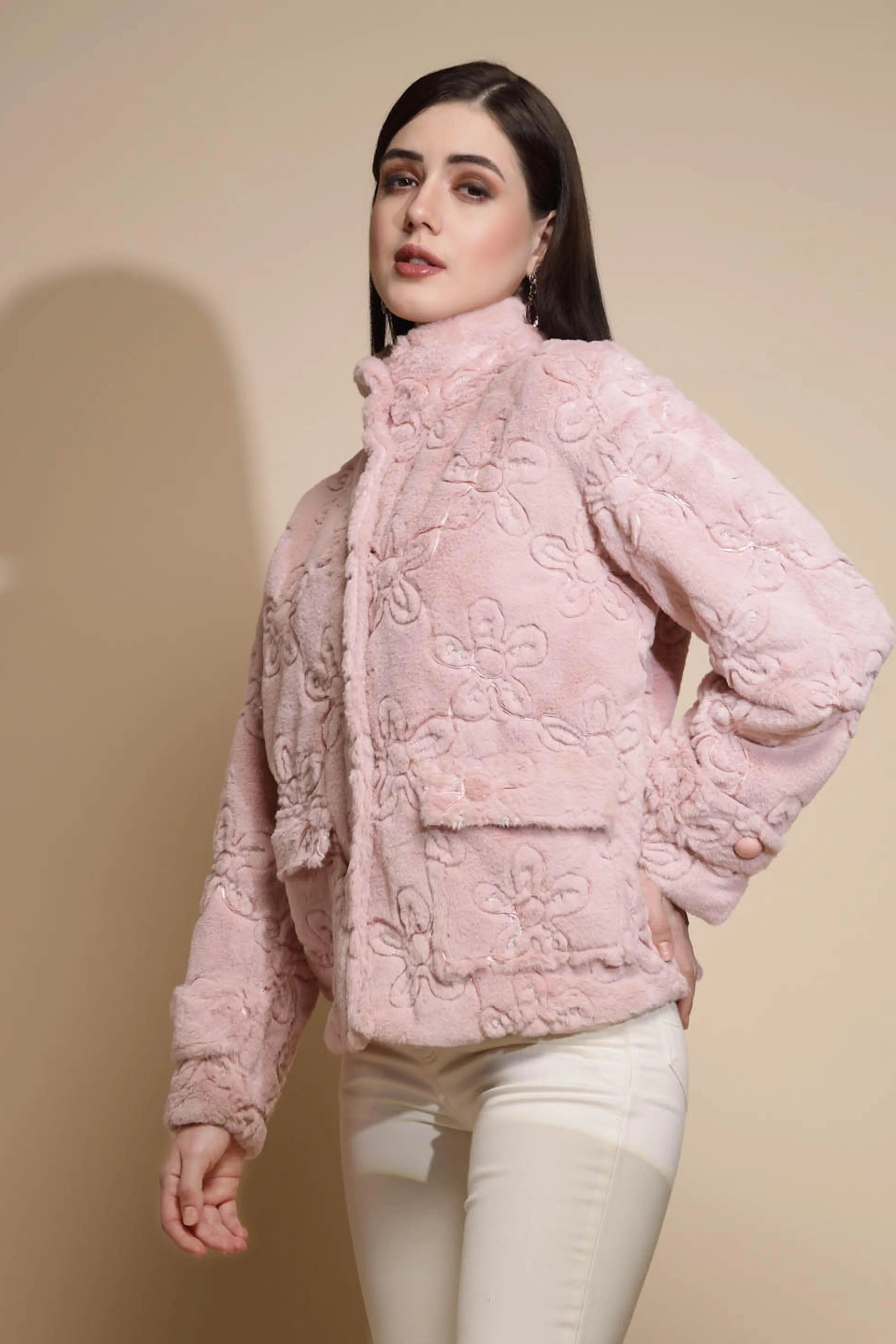 Pink Embroidered Woolen Jacket - Global Republic