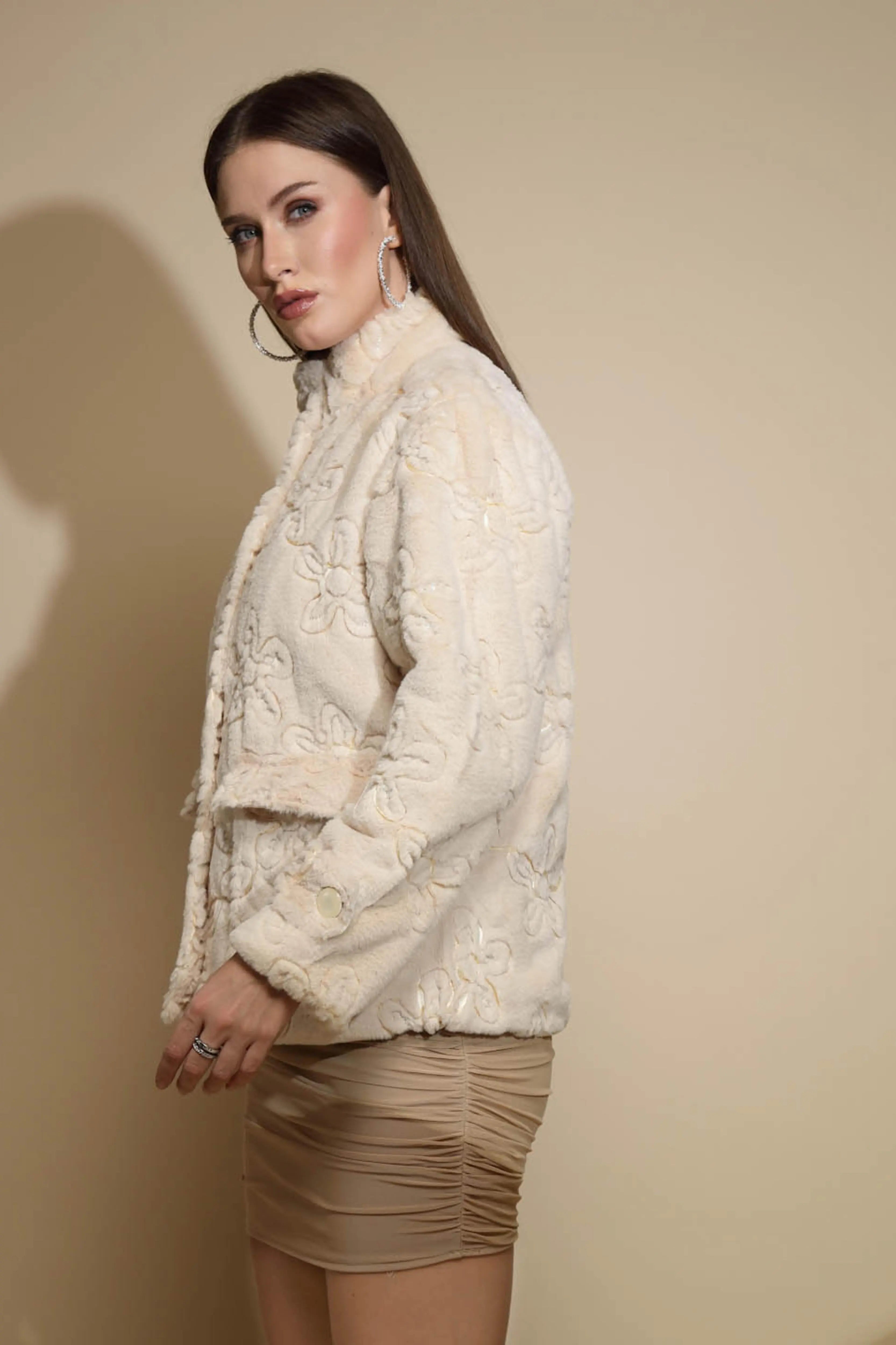 Beige Embossed Woollen Jacket - Global Republic