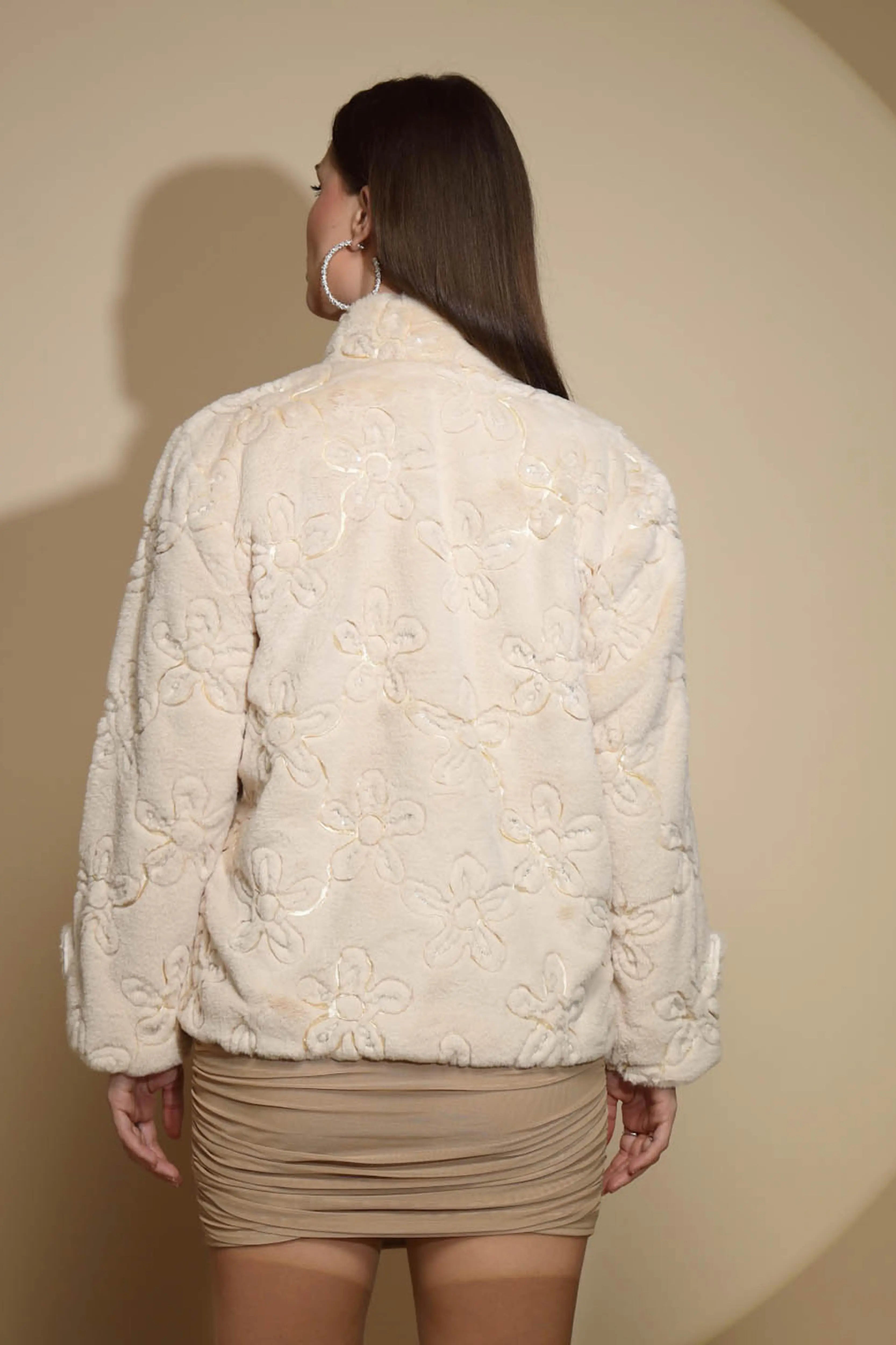 Beige Embossed Woollen Jacket - Global Republic