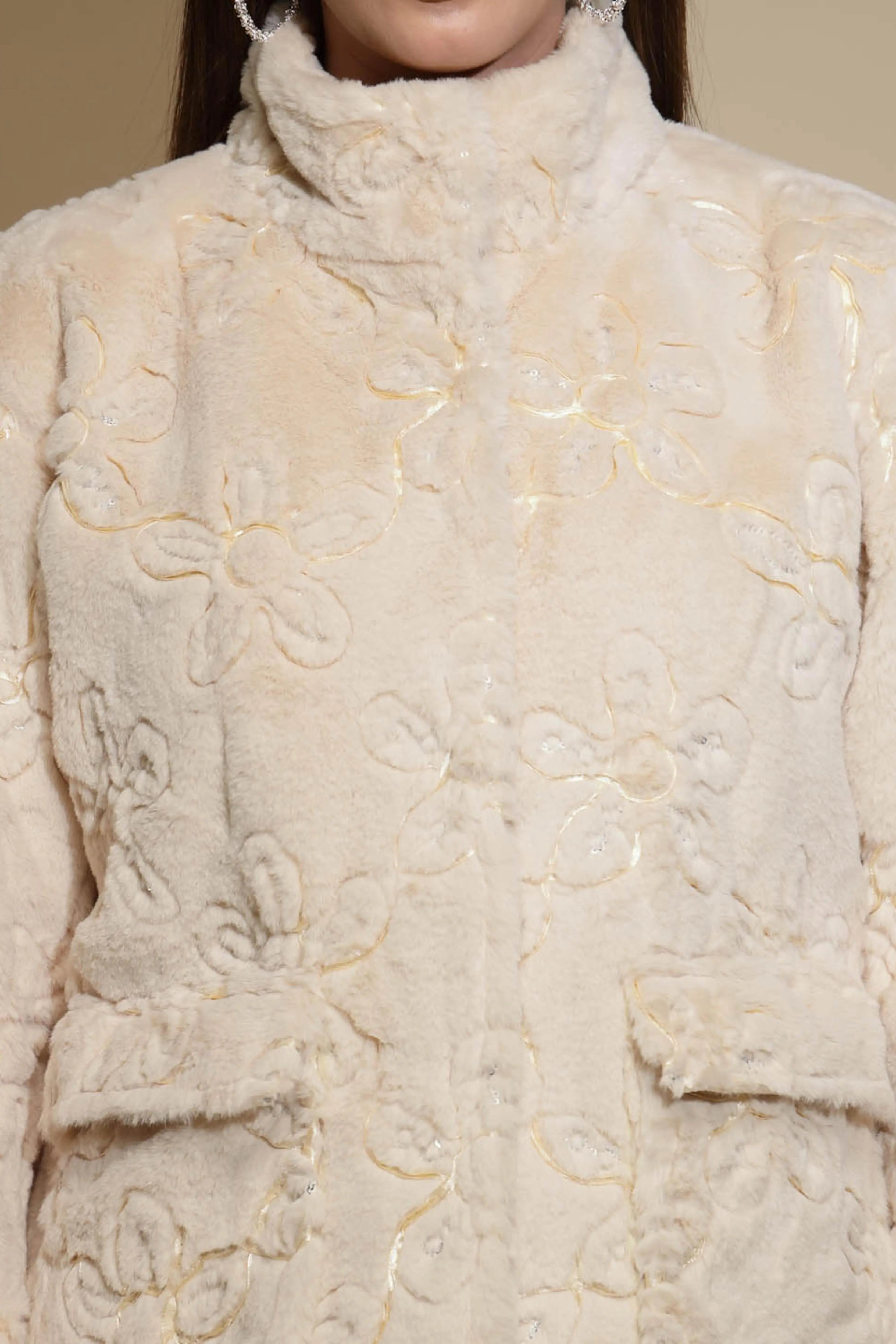 Beige Embossed Woollen Jacket - Global Republic