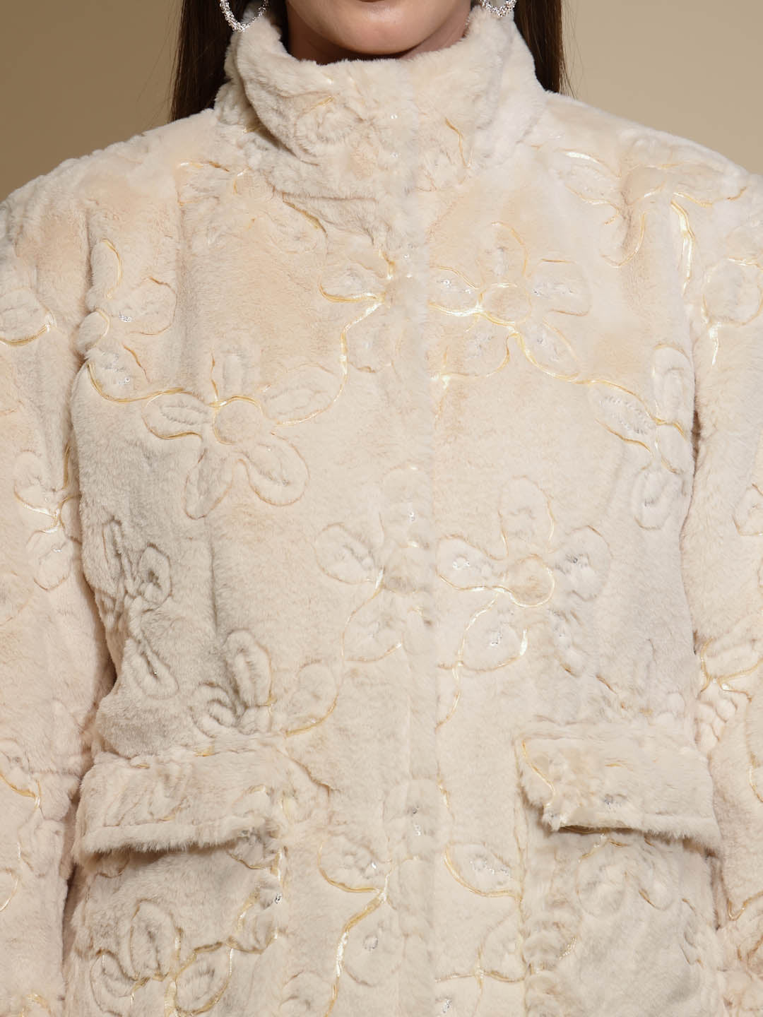 Beige Embossed Woollen Jacket - Global Republic